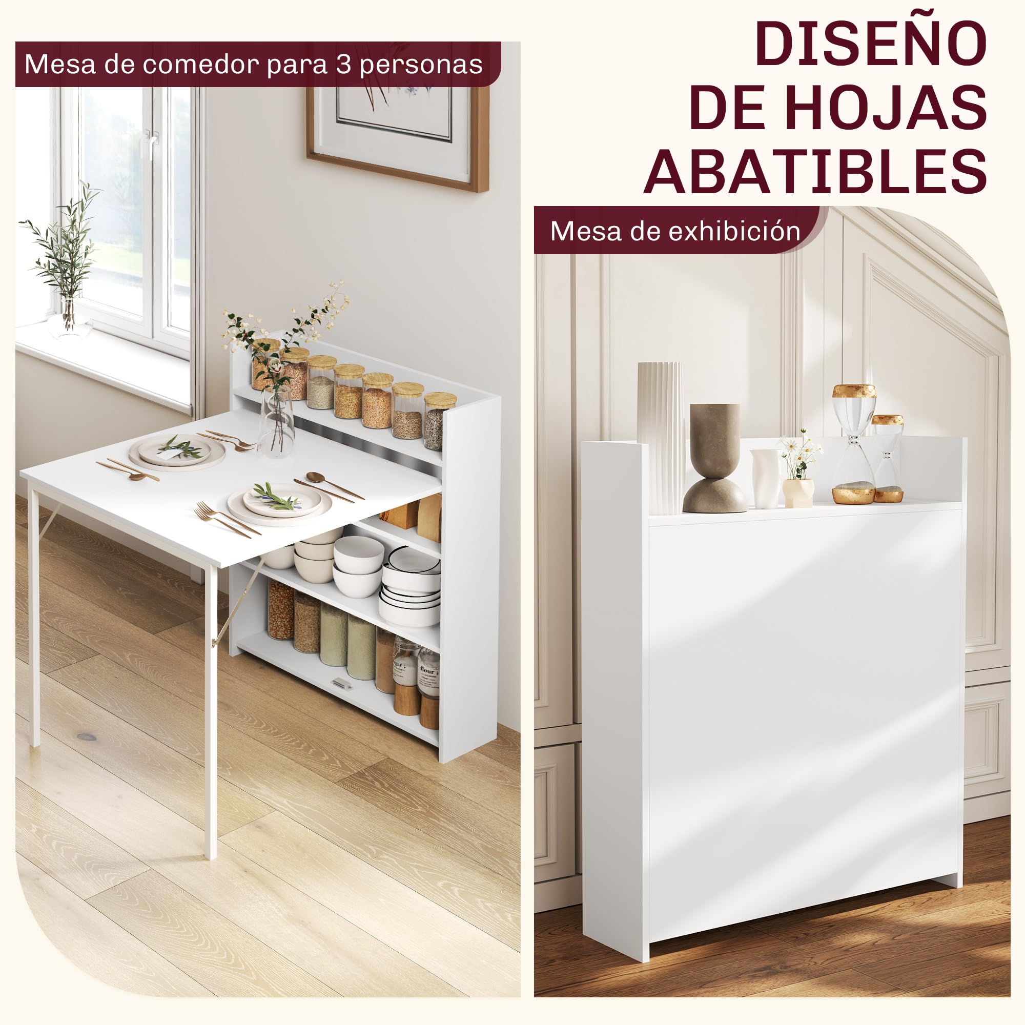 HOMCOM Mesa Plegable de Comedor Cocina Abatible 78,5x91x93 cm Blanco | 4 Compartimentos, Hasta 3 Personas, Patas de Acero, Salón, Espacio Pequeño