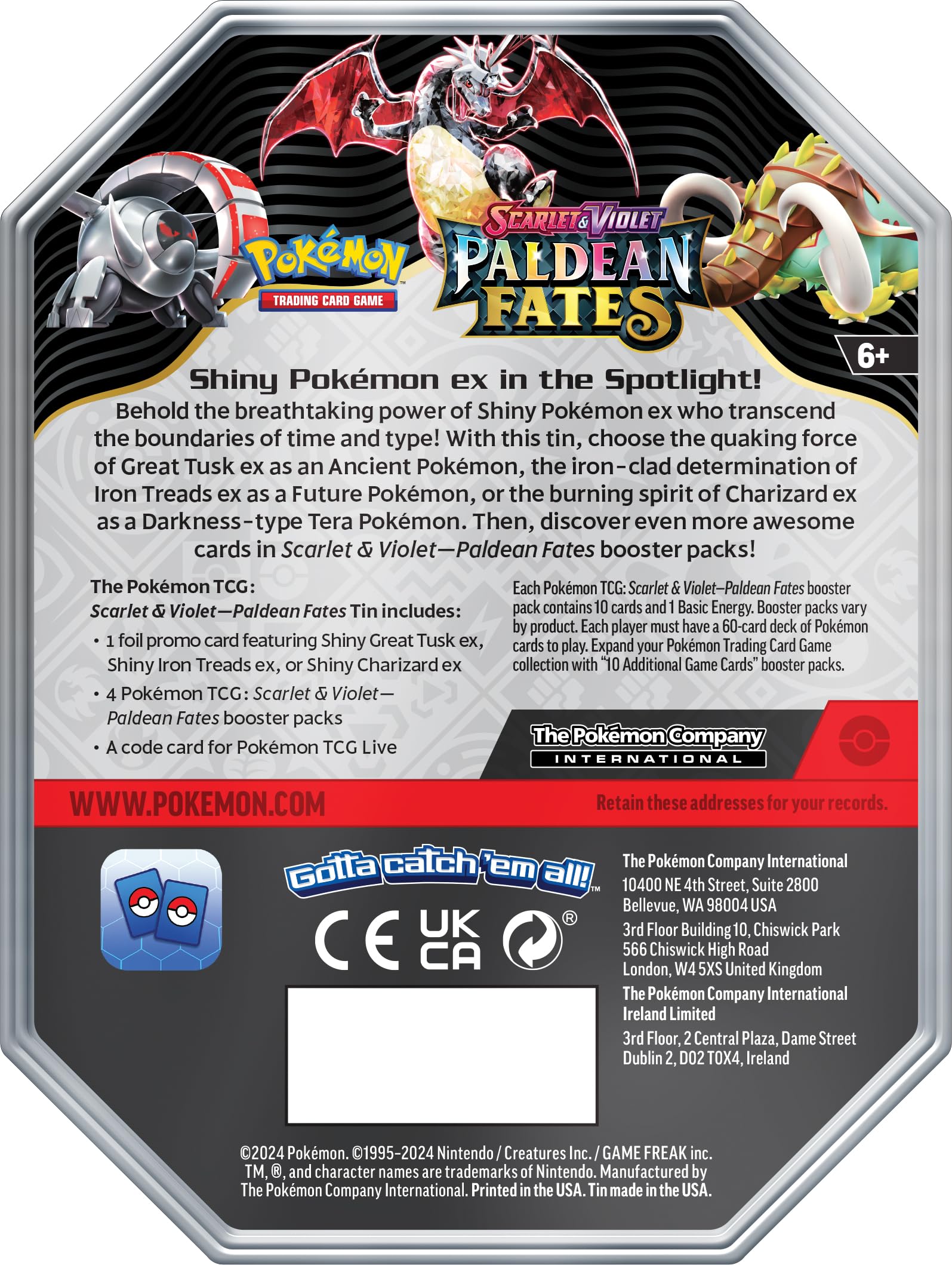 Pokemon Scarlet & Violet SV4.5 Paldean Fates 4-Boosters Tin Trading Card Game