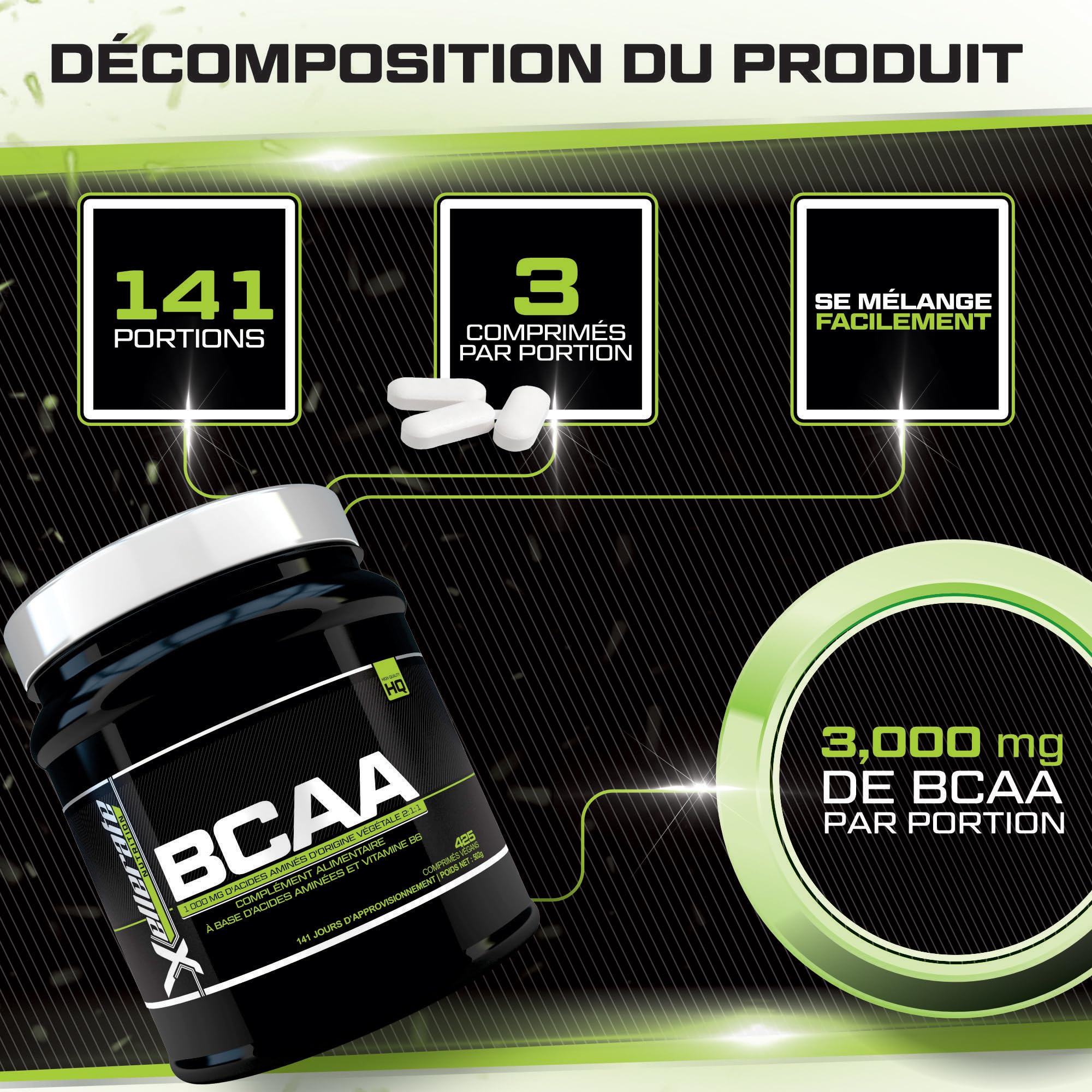 BCAA 2:1:1 3000mg - 425 Comprimés Végan - Acides Aminés à Chaîne Ramifié L-Leucine, L-Isoleucine, L-Valine et Vitamine B6 - Xellerate Nutrition