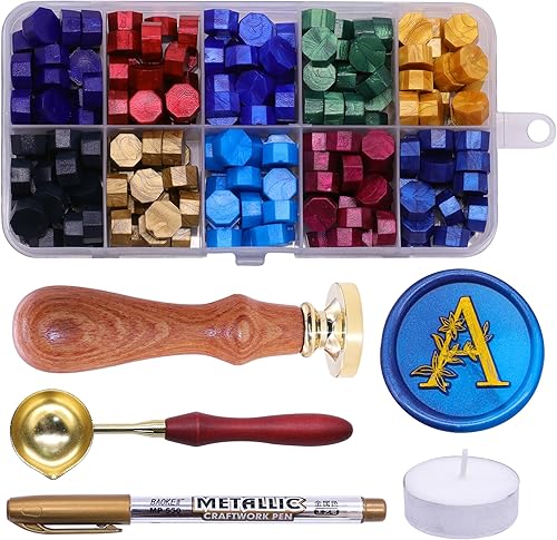 SWANGSA Kit de sello de cera con letra inicial del alfabeto A, elegante sello de sellado de letras florales botánicas con 200 cuentas de cera de