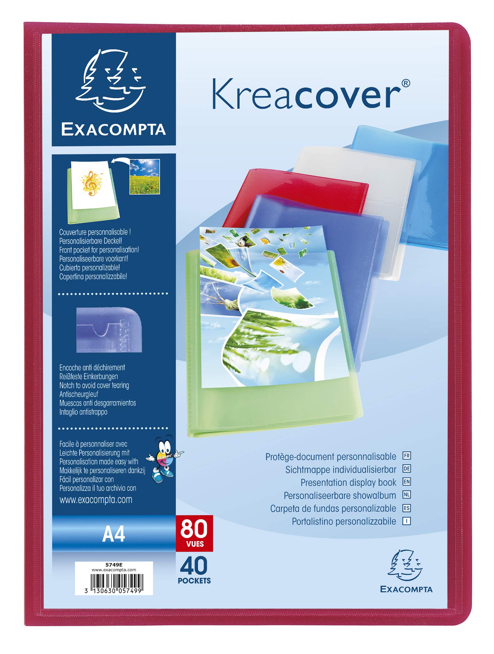 Exacompta 5749E 5er Pack Premium Sichtmappe KreaCover aus transluzenten Kunststoff DIN A4 mit 40 Klarsichthüllen, 80 Sichten, farbig sortiert, Aktenhülle, Prospekthülle
