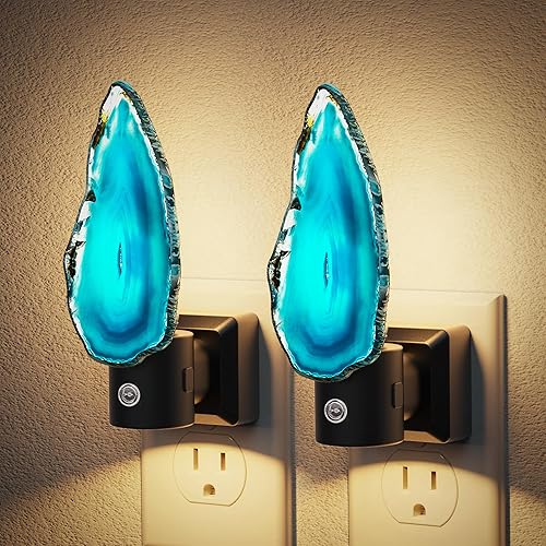 JandCase Night Lights Plug into Wall, Agate Night Light, 2 Pack Dimmable Night Light Aesthetic Crystal, Dusk to Dawn Sensor, Healing Stone Agate Decorative Nightlight for Home Living Room