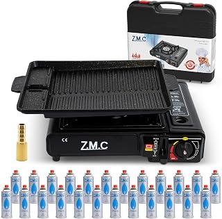 Z.M.C Gaskocher 1-flammig 2,2 kW | Campingkocher mit Piezo-Zündung, Transportkoffer & LPG-Adapter | Optional mit Gaskartuschen 227g & Grillplatte | für Camping, Outdoor & Notfall