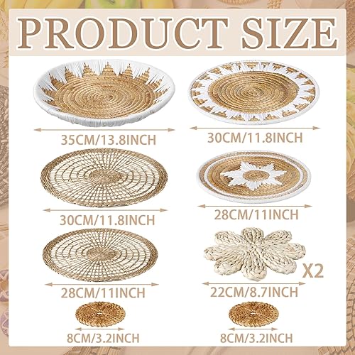 Miniatura 9 de Xuhal Juego de 8 cestas de pared tejidas colgantes hechas a mano, decorativas, rústicas, bohemias, decoración de pared hecha a mano de mimbre