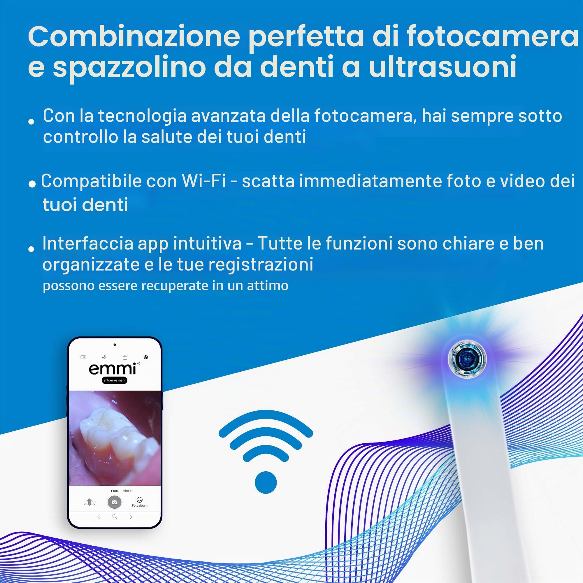 emmi-DENT Spazzolino da denti ad ultrasuoni Platinum CAM in bianco, set di base con fotocamera integrata, stazione di ricarica, 2 accessori e dentifricio, riduzione della placca e del tartaro, pulizia