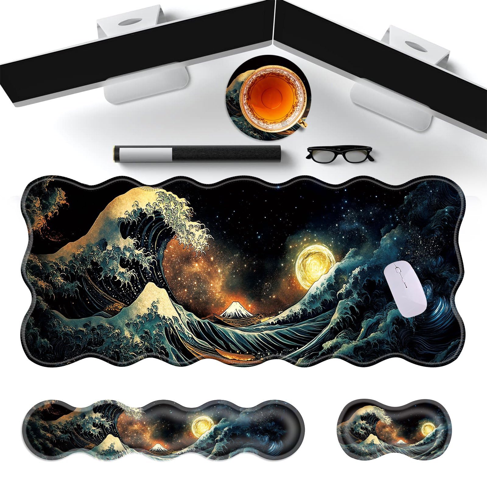 Alfombrilla de mouse grande para juegos, almohadilla reposamuñecas para teclado y soporte de muñeca, borde cosido, base extendida, antideslizante, alfombrilla de escritorio de espuma