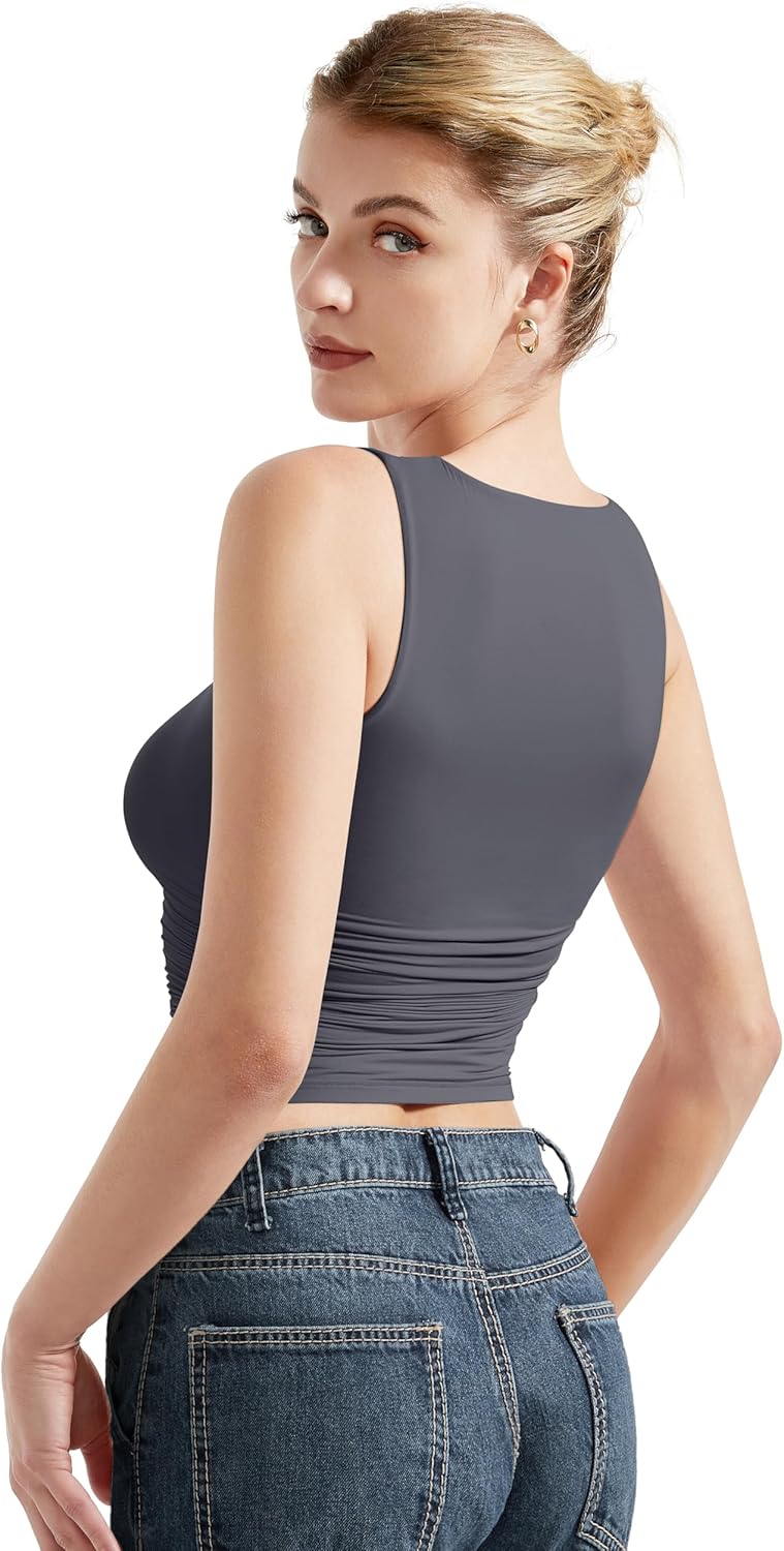 SUUKSESS Women Double Lined Going Out Basic Tank Tops Ruched Summer T Shirts - Image 3