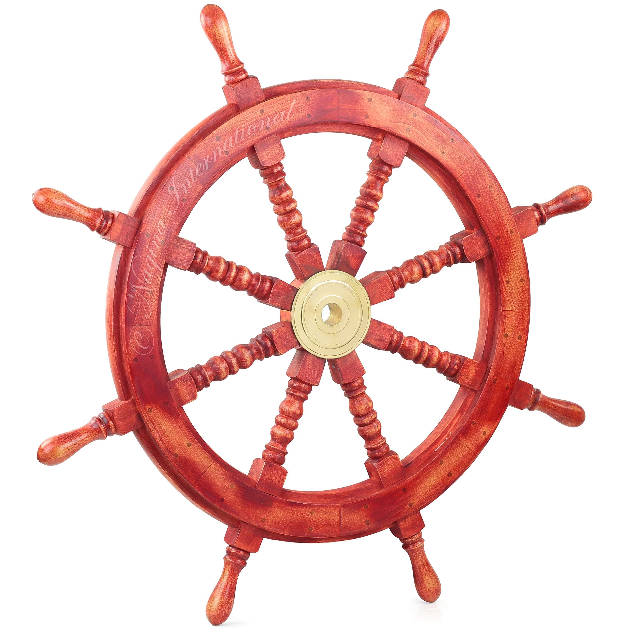 Nagina InternationalRed Wooden Ship Wheel Handcrafted From Malaysian Wood With Brass Centre Hub | Nautical Wall Hanging Sculpture Room Decor Ideas (18 Inches)