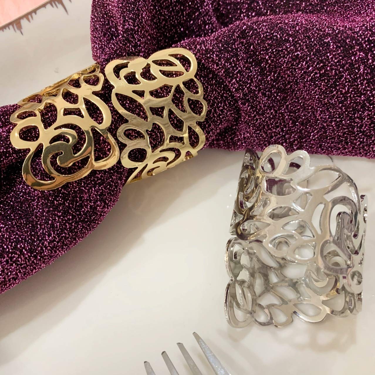 12 Uds. De servilleteros de Boda con patrón Trasero, decoración de Mesa, reuniones Familiares Huecas, Uso Diario, servilletero, Hebilla (Plata)
