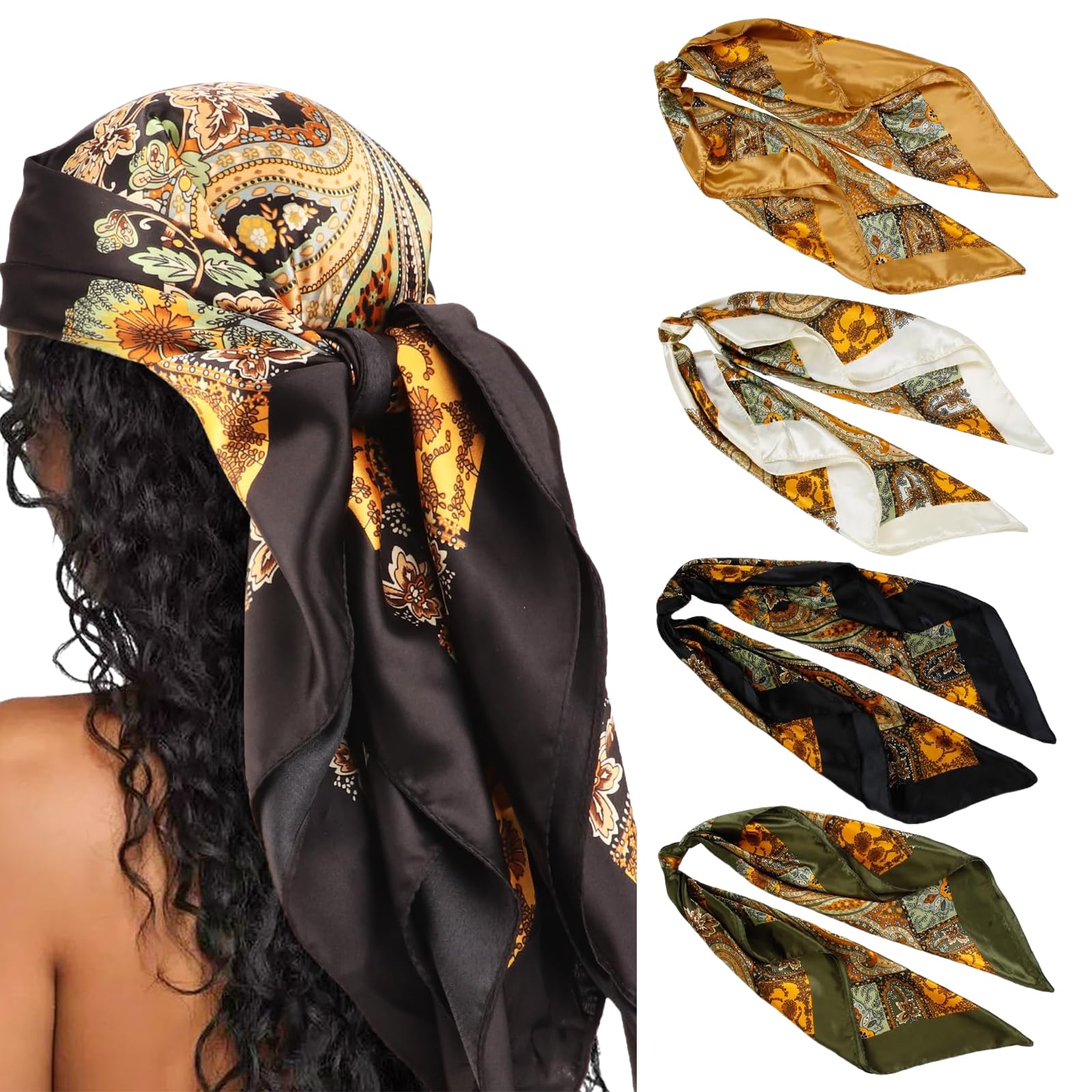 QBSM 4 Stuks 35 ''Satijnen Hoofddoek Zijde Gevoel Nek Sjaals Haar Wrap Voor Slapen Grote Vierkante Hoofddoek voor Vrouwen, Mode sjaals in gemengde kleuren, L