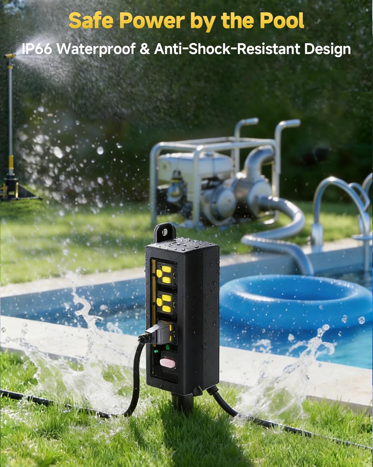 Outdoor Extension Cord, 6 Wide Outlets, 1875W/15A, 25FT 14AWG Heavy Duty SJTW Power Strip with Surge Protector, All-Weather & IP66 Fully Waterproof, Ideal for Patio, Garden, Pool, RV, Black