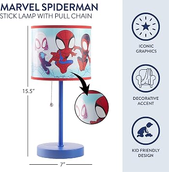 Marvel Spidey and His Amazing Friends Table Lamp,Kids Stick Lamp with Pull Chain by Idea Nuova,Fun Bedroom or Nightstand Lighting,Official Spidey Decor