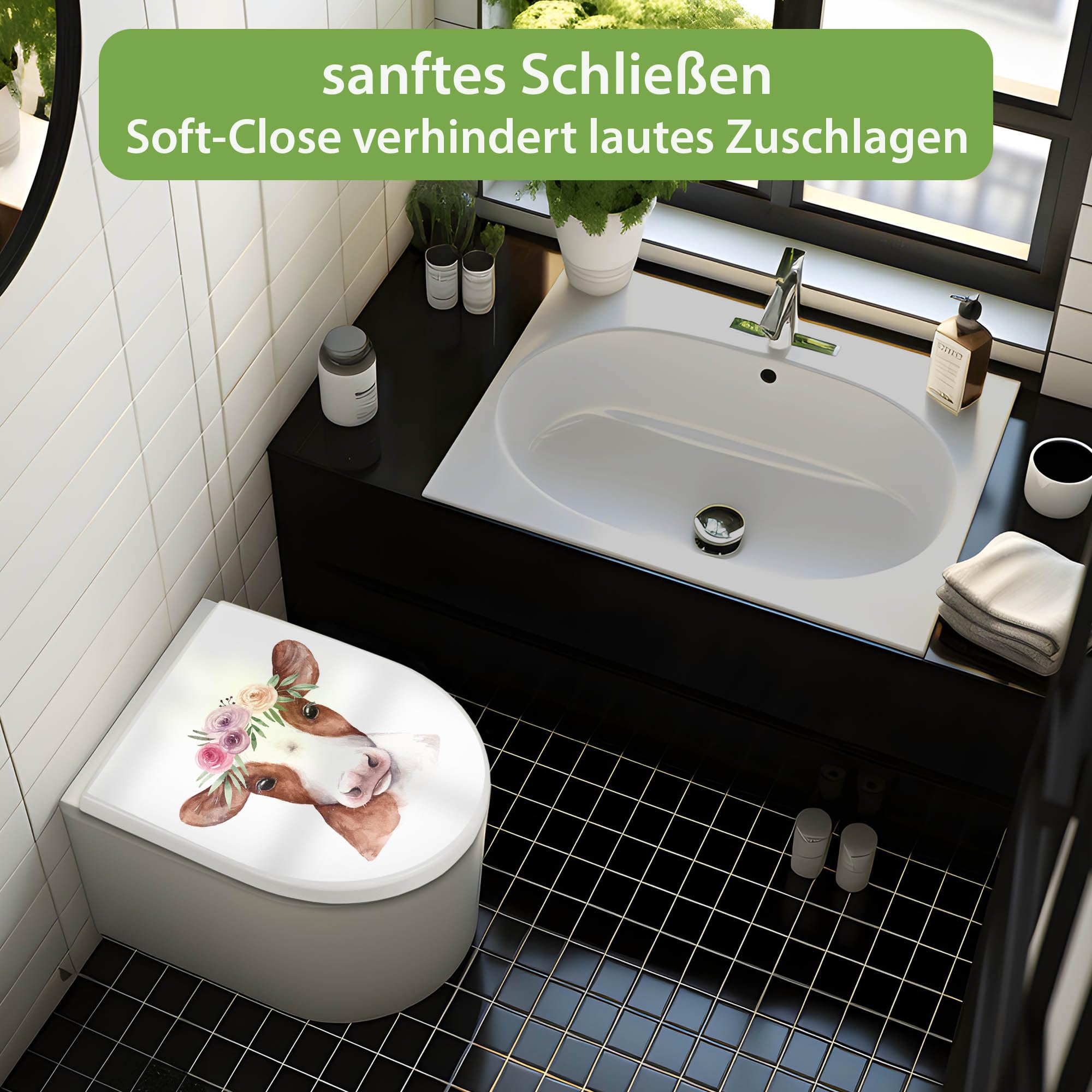 banjado WC Sitz mit Absenkautomatik D Form - Toilettendeckel mit Absenkautomatik D Form - Klodeckel Softclose - stabile Klobrille - Toilettensitz Weiß - Motiv Kuh mit Blumenkrone