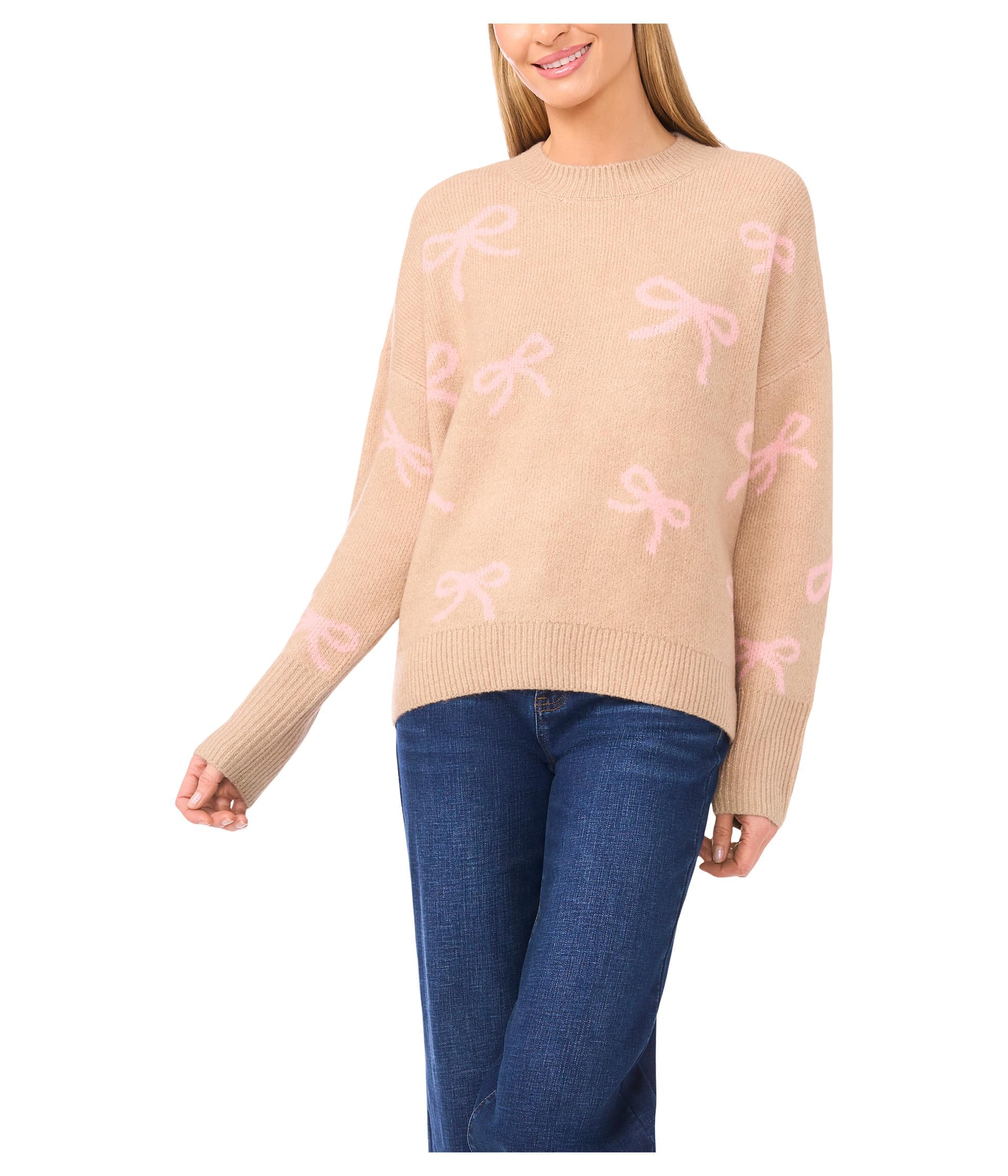 CeCe Womens Ribbon Jacquard Crew Neck Sweater