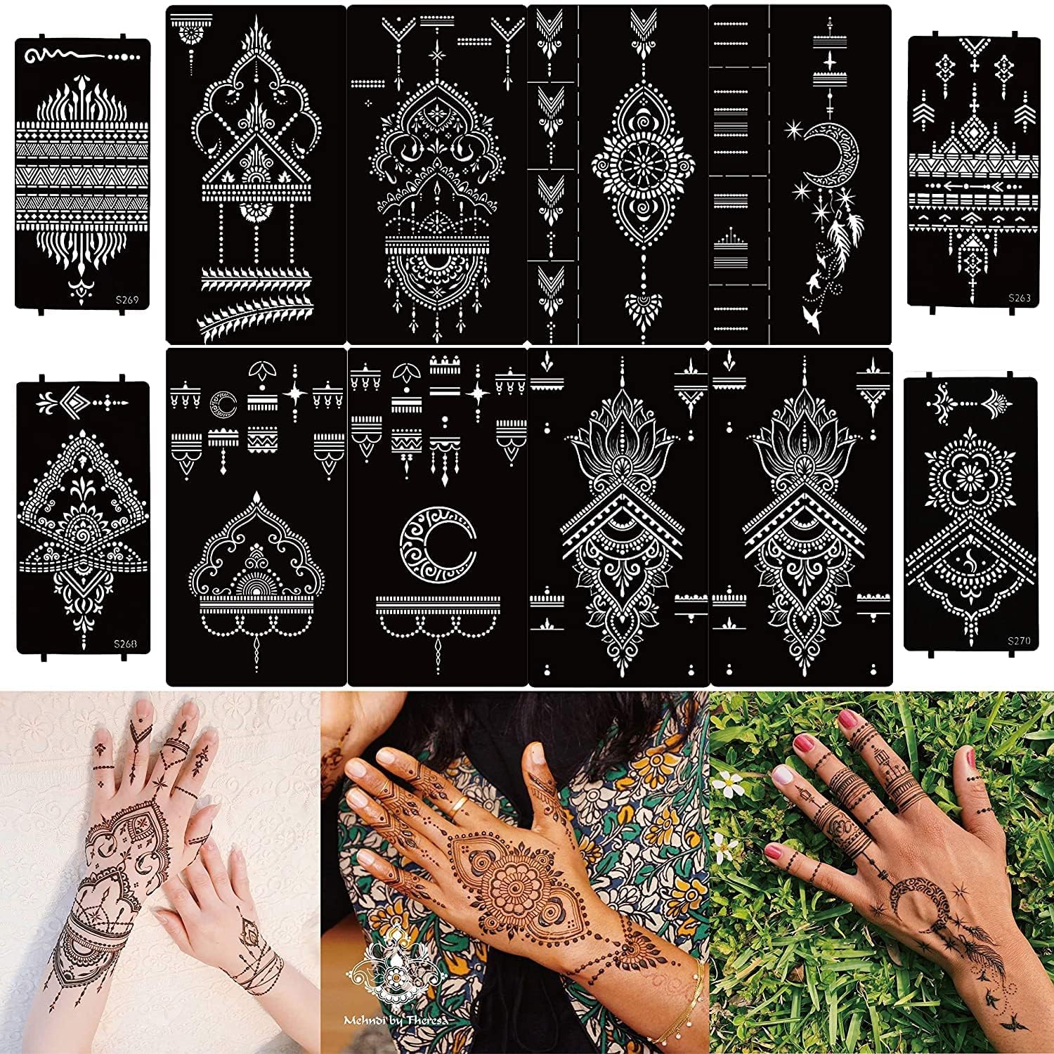 12 Indo-árabe mano tatuaje temporal plantillas para las mujeres Mandala Dreamcatcher tatuaje, tatuajes temporales negro, adulto pegatinas para los dedos y el cuerpo de las mujeres.