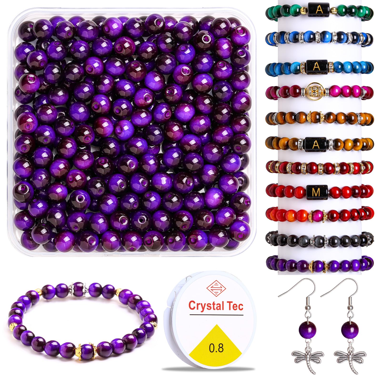 200pcs 8mm Purple Tiger Eye Beads for Jewellery Making, Round Gemstone Glass Beads for DIY Bracelet Necklace Earring and Crafting,with Storage Box and Elastic String