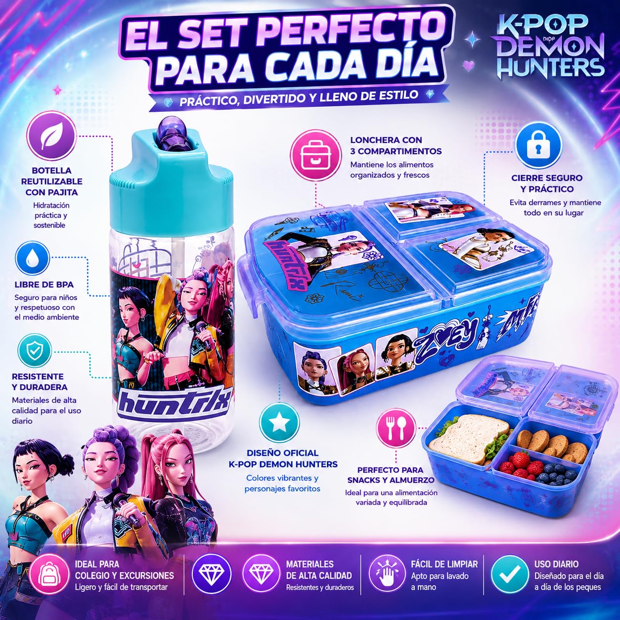 MARUKATSU Kpop Set Sandwichera Infantil con Compartimentos y Botella 410ml para Niños y Niñas | Fiambrera Escolar + Botella Reutilizable |