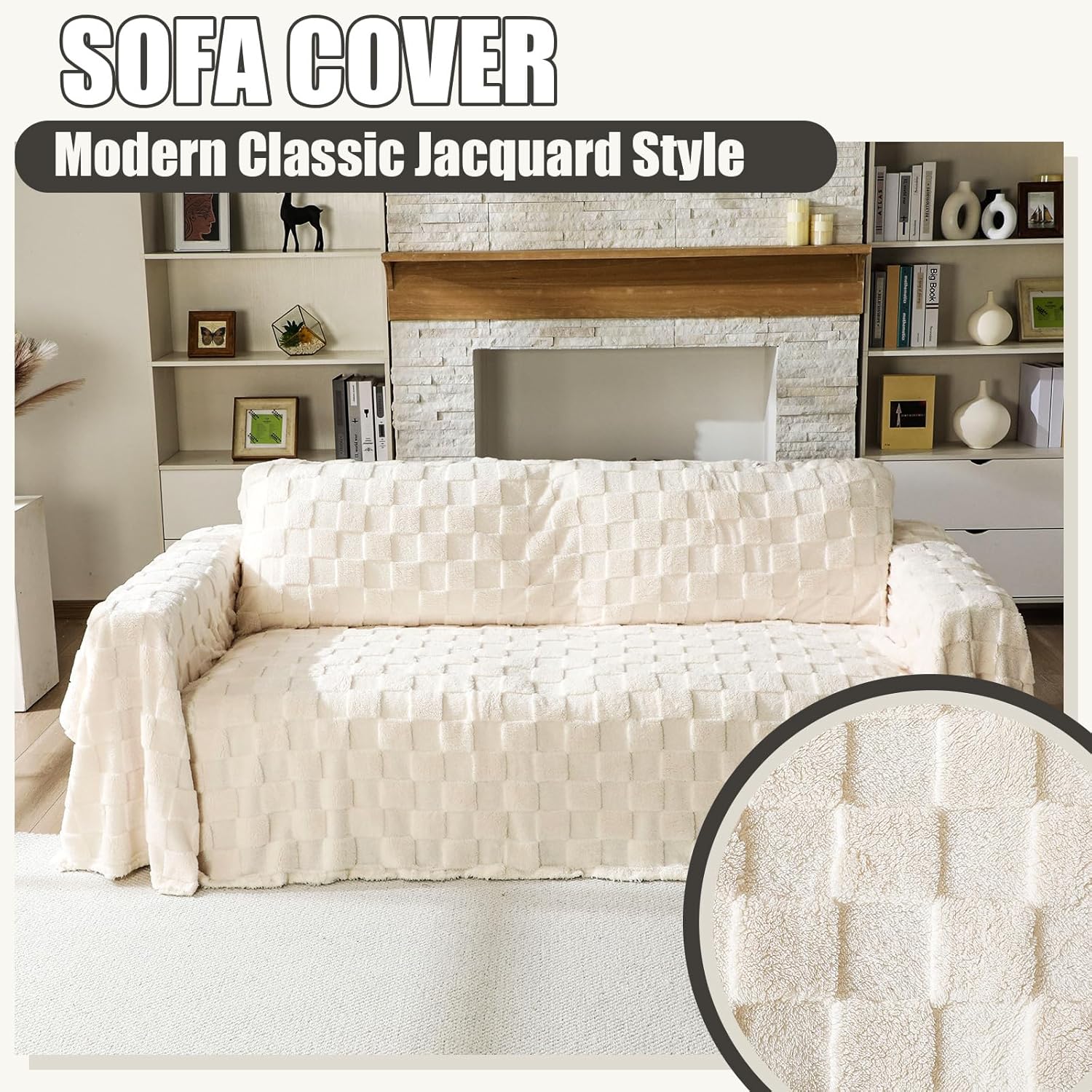 Newwiee 71 x 118 Inch Checkered Jacquard Plush Warm Couch Cover Cozy, Sofa Covers Fluffy Plush, Sofa Slipcover Furniture Protector, Couch Cozy Washable Furniture Protector for Kids Pets