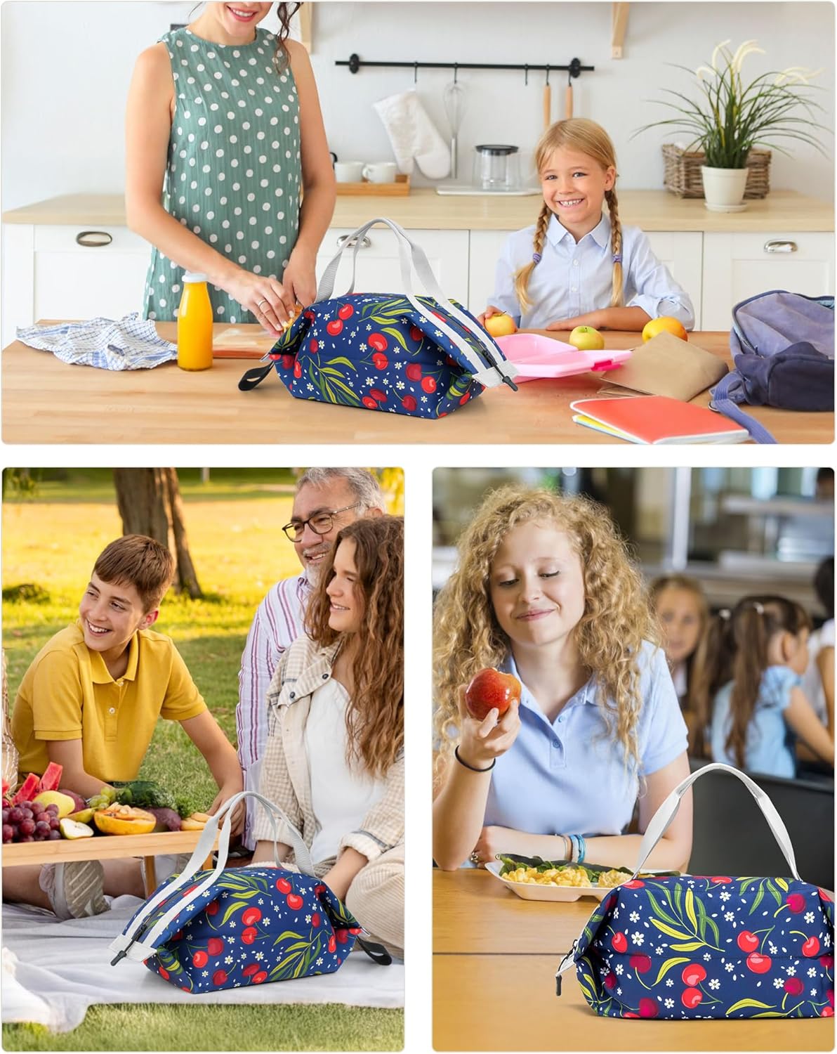 Insulated Lunch Bag Cooler bag for Women, Small Lunch Cooler Foldable Lunch Box Fresh Keep Food Lunch Container, Leakproof Lunch Tote for Work, Picnic or Travel, Cherry - Image 6