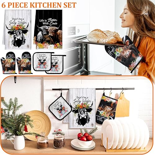 Miniatura 2 de Bencailor Juego de toallas de cocina con temática navideña, 6 piezas, toallas de mano, soportes para ollas y guantes de horno para Navidad, cocina,