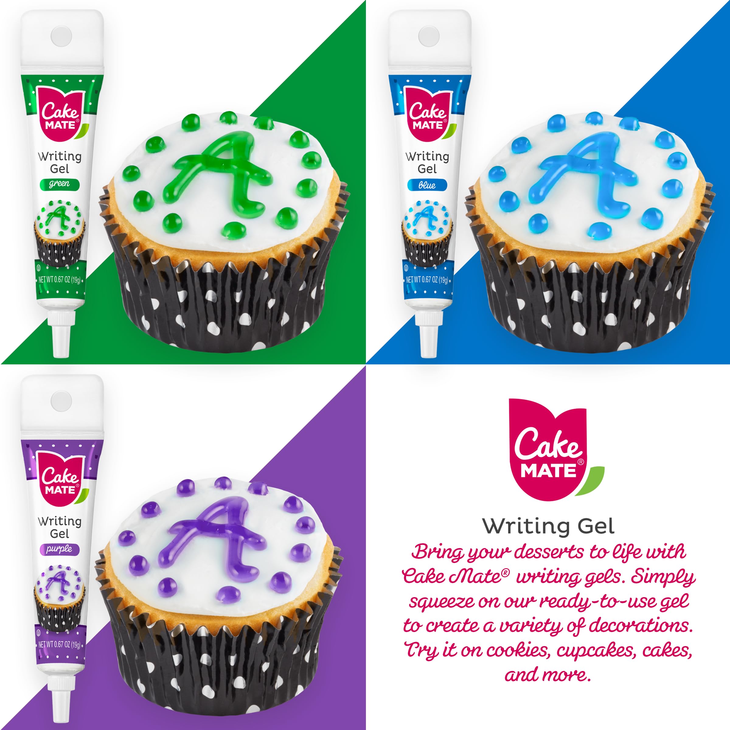Cake Mate 9-Pack Edible Cake Writing Gels for Cake and Cookie Decorating - Easy Squeeze Gel in Vibrant Colors (0.67 oz Each) - Perfect for Cakes, Cupcakes, Cookies, and Brownies