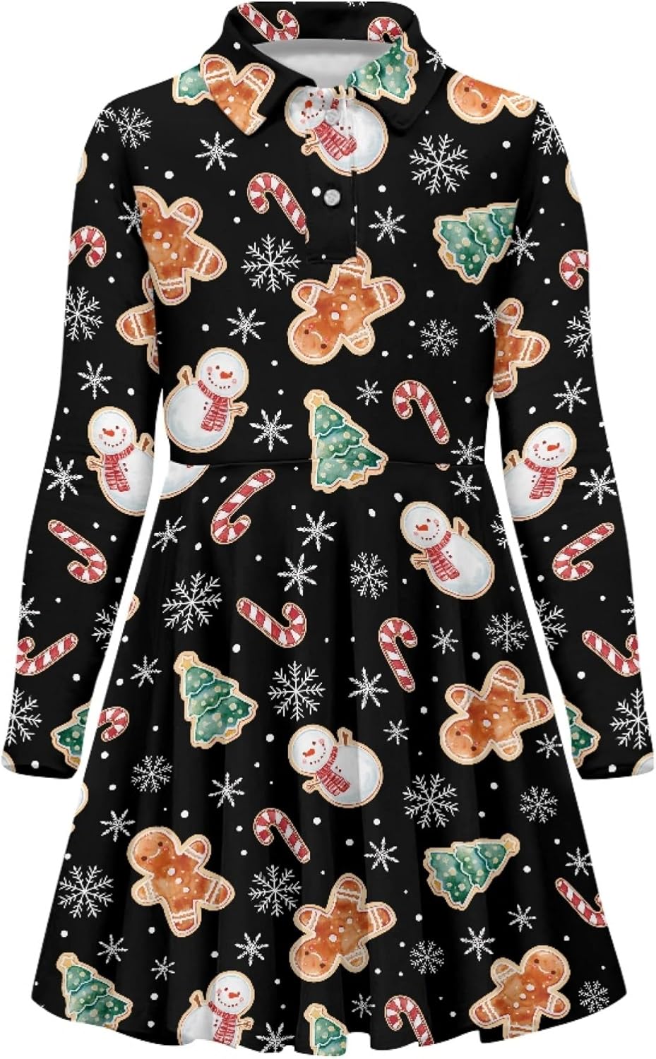 AmzPrint Long Sleeve Christmas Polo Dress for Little Girls Peter Pan Collar Regular Fit Printed Midi Smocked Dress for Girls