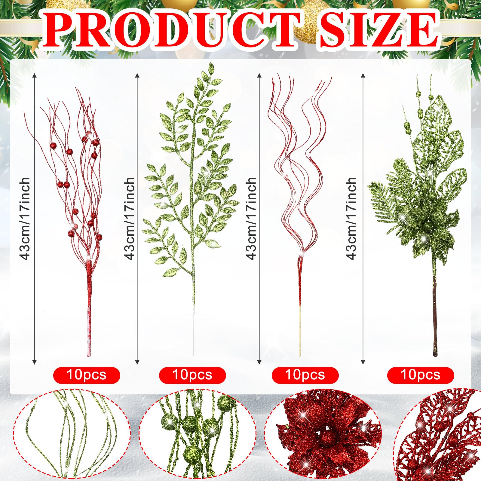 Thiccywoov Künstliche Glitzer-Beerenstiele, Ornamente, 44 cm, künstliche Weihnachtsspieße mit Weihnachtsstern, dekorativ, Glitzer-Beerenstäbchen, Zweig für Weihnachtsbaum, DIY-Kranz (Rot Grün)