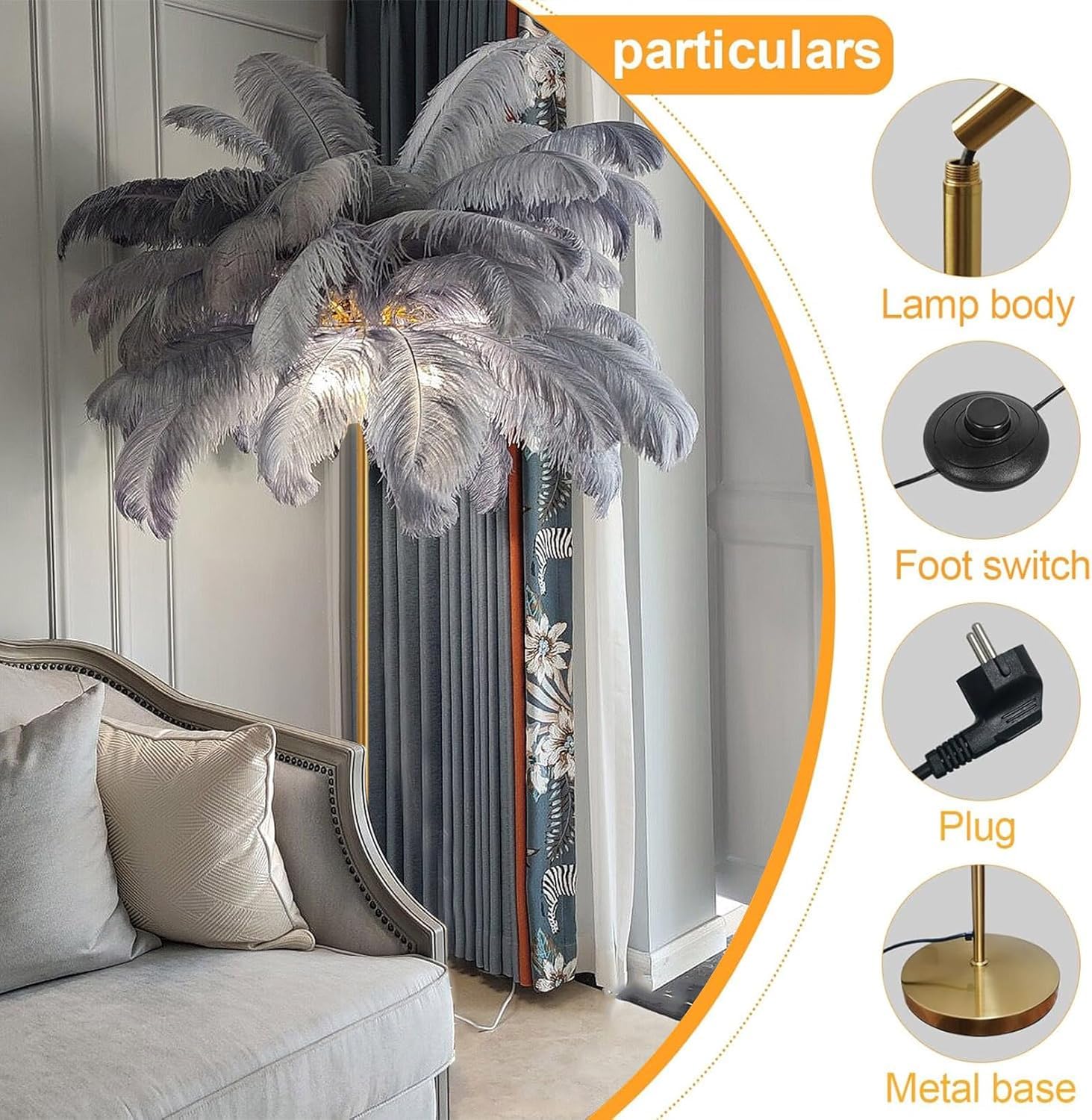 Nowoczesna lampa podłogowa z piórami - złoty elegancki design, 3-kolorowa ściemniana dioda LED, do salonu i sypialni, ze sterowaniem dotykowym
