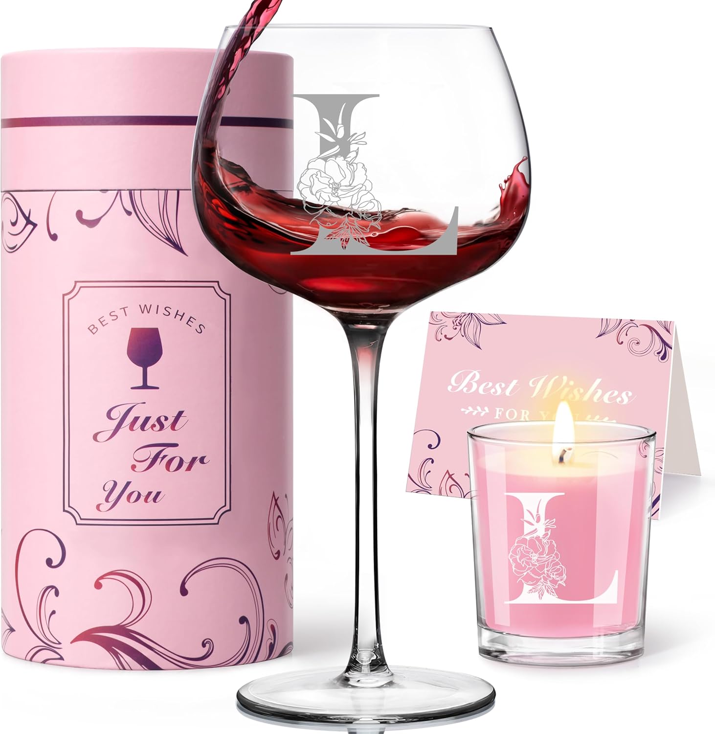 Personalized Gifts for Women - Customized Initial A-Z Wine Glass, Unique Birthday Gifts for Women, Christmas Basket Gift for Her, Mom, Wife, Sister, Friend, Nurse?L?