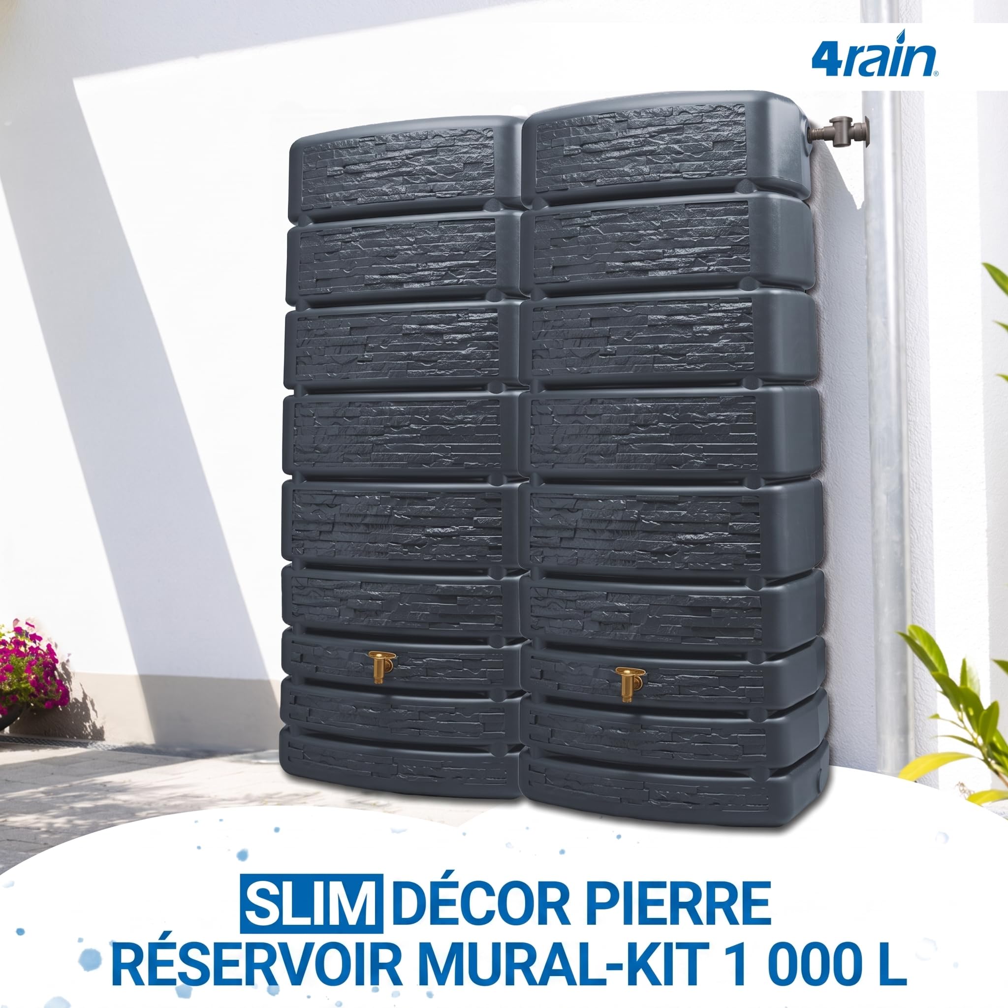 4rain Slim Stone Decor Réservoir Mural-Set 1 000 litres Gris Graphite