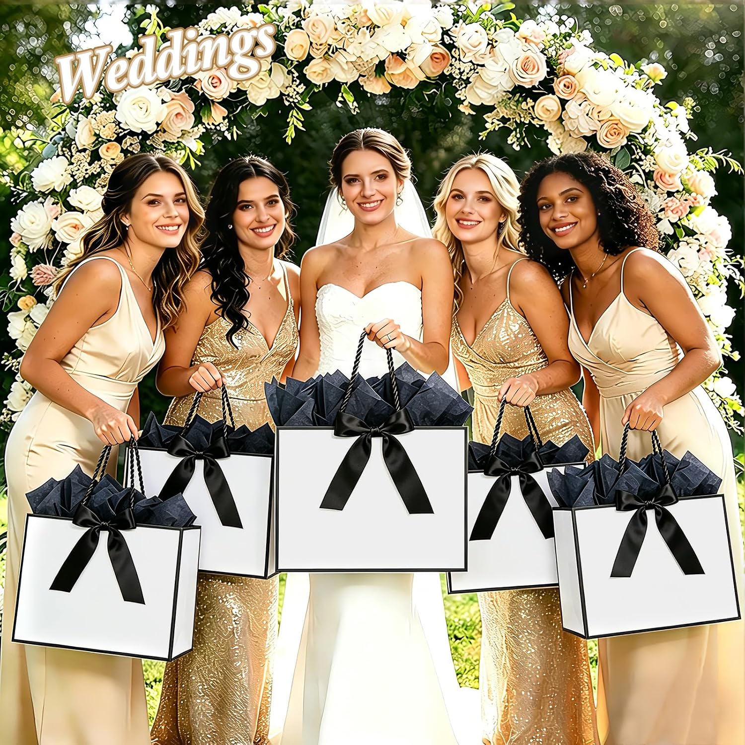 Addblu 12 Pack Large Gift Bags with Handles & Tissue Papers, 12.6×10×4 Inches Thank You Gift Bags with Cards for Mother’s Day, Birthday, Baby Shower, Wedding & Bridesmaids (White and Black Gift Bags, 12 PCS)