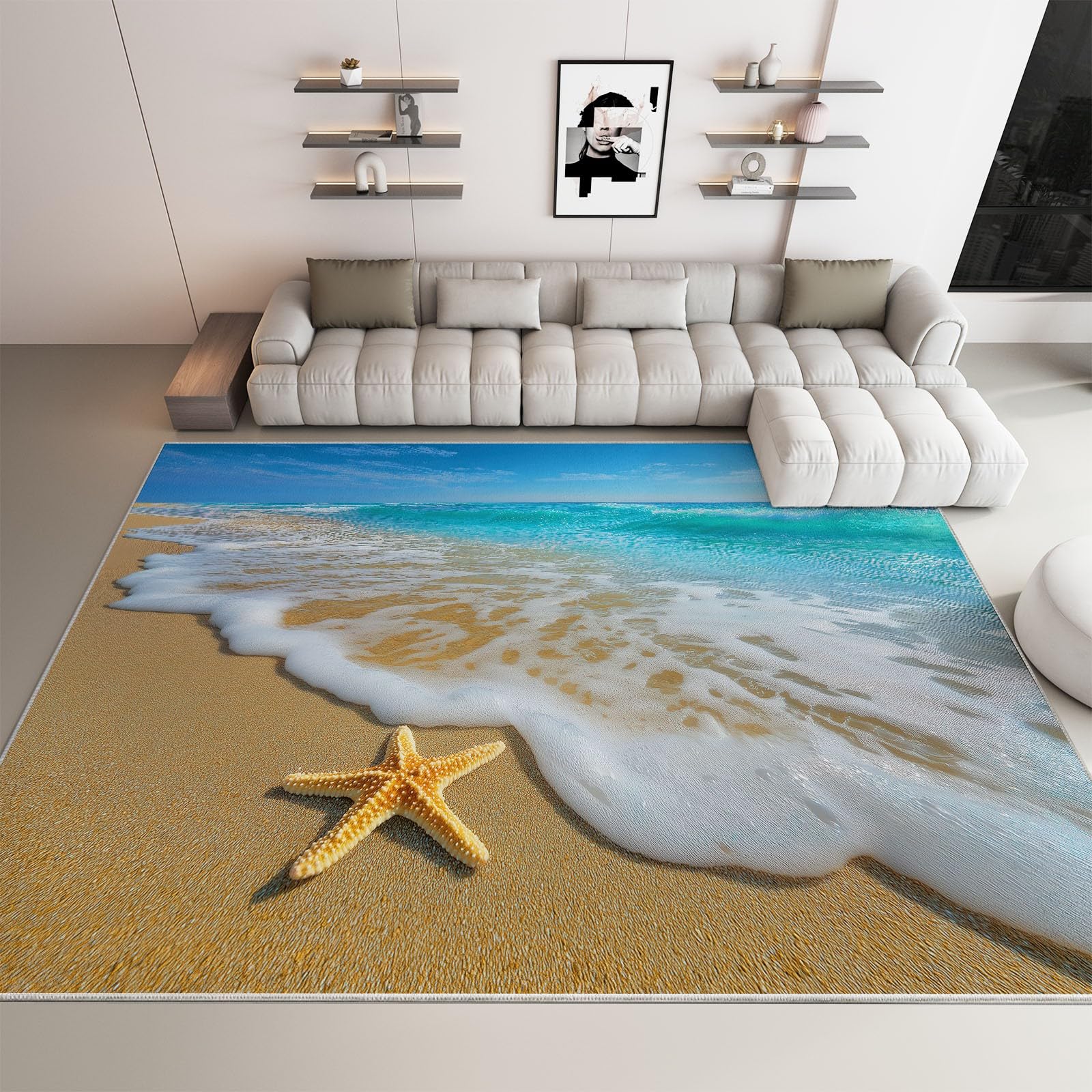Générique Tapis Salon 160 x 230 cm Grand Tapis de Chambre à Poils Ras - Antidérapant en Caoutchouc, Lavable en Machine, Doux - Moderne Plage Sable Nuages pour Cuisine, Salle à Manger Salle de Séjour