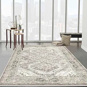 KUTA Area Rug 4x6 Living Room, Washable Rugs Oriental Distressed Tribal Ivory Grey Yellow, Non-Slip Dining Room Carpet, Soft Low Pile Cozy Printed Medallion Throw for Bedroom Kitchen