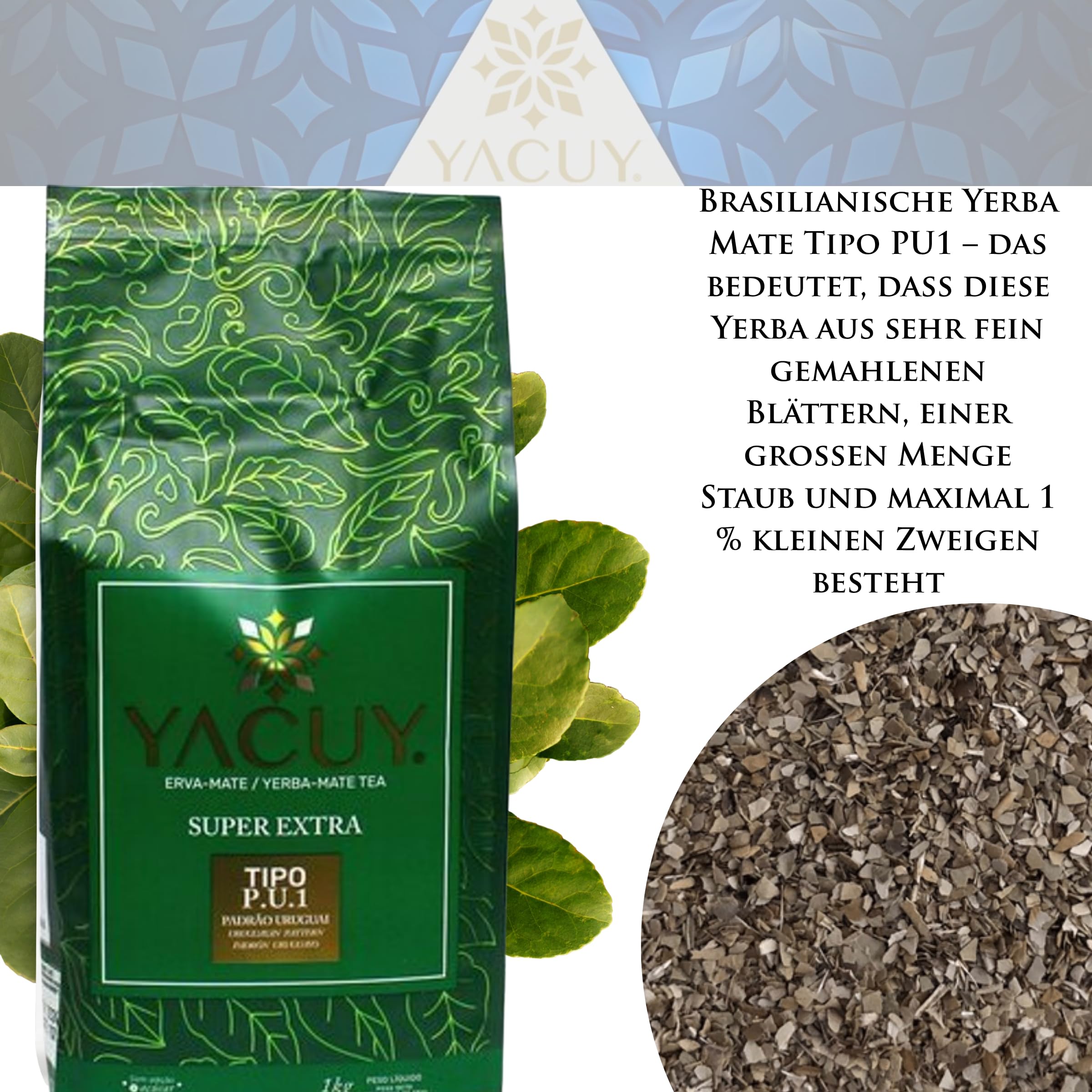 Yerba Mate Tee Set - Yerba Mate Yacuy TIPO P.U.1 3x1kg / 3kg / 3000g– Mate im uruguayischen Stil und Mateine mate-tee mit Guarana und Fruchtzusatz 50g - yerba loose leaf