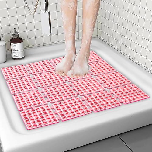 Tapete de ducha antideslizante, 24 x 24 pulgadas, tapete cuadrado antideslizante para ducha interior con orificios de drenaje, ventosas, drenaje