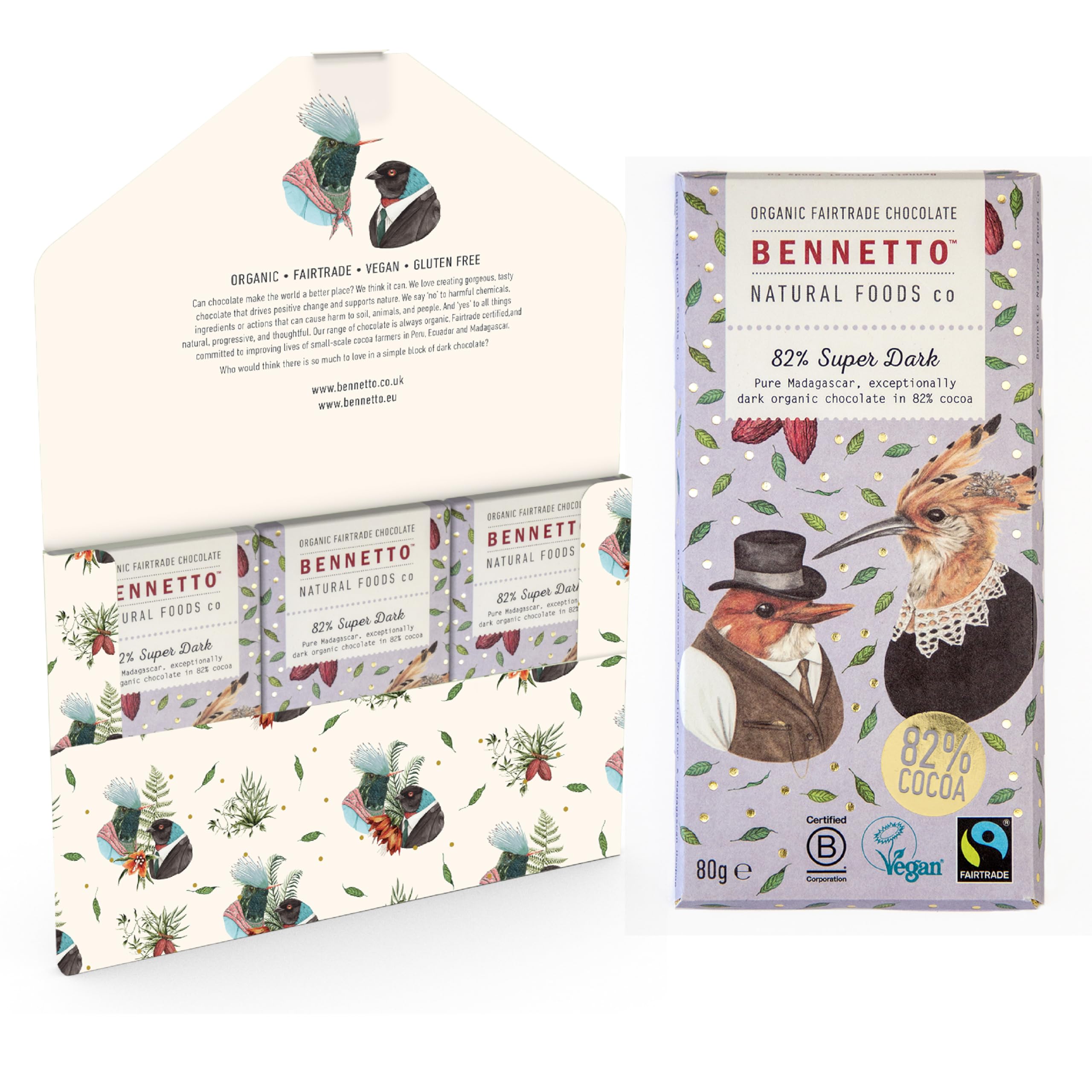 82% Super Dark Exceptionally dark organic chocolate with 82% cocoa. Certified organic, Fairtrade, and net climate positive. Beautiful gifts for everyone. 3x 80g Full Size Bars.