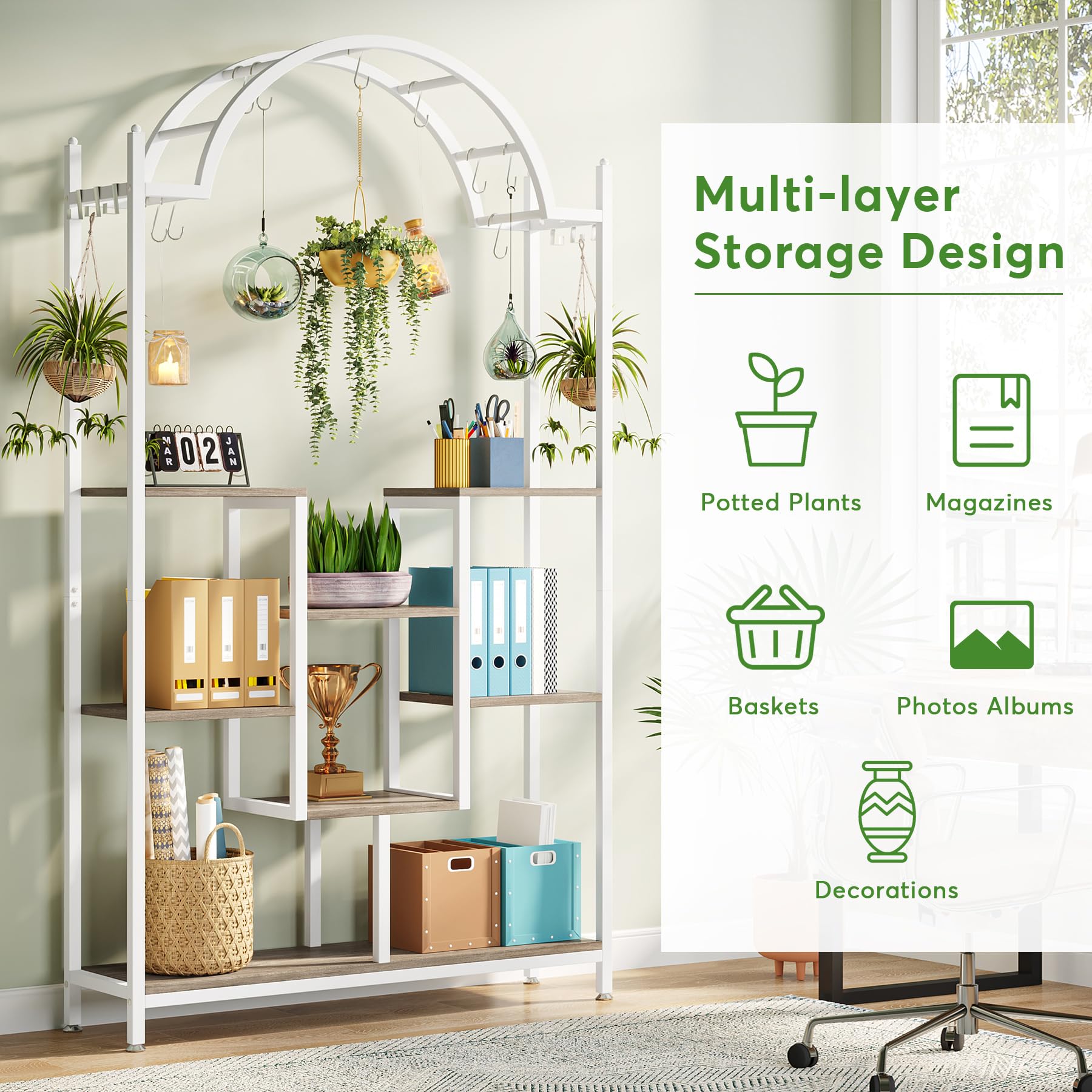 Tribesigns hoher Pflanzenständer für den Innenbereich, 5 Etagen, 190 cm gewölbtes Metall-Blumenregal mit Hängehaken, großes Bonsai-Topf-Display-Regal für Garten, Balkon, Wohnzimmer, Weiß und Grau