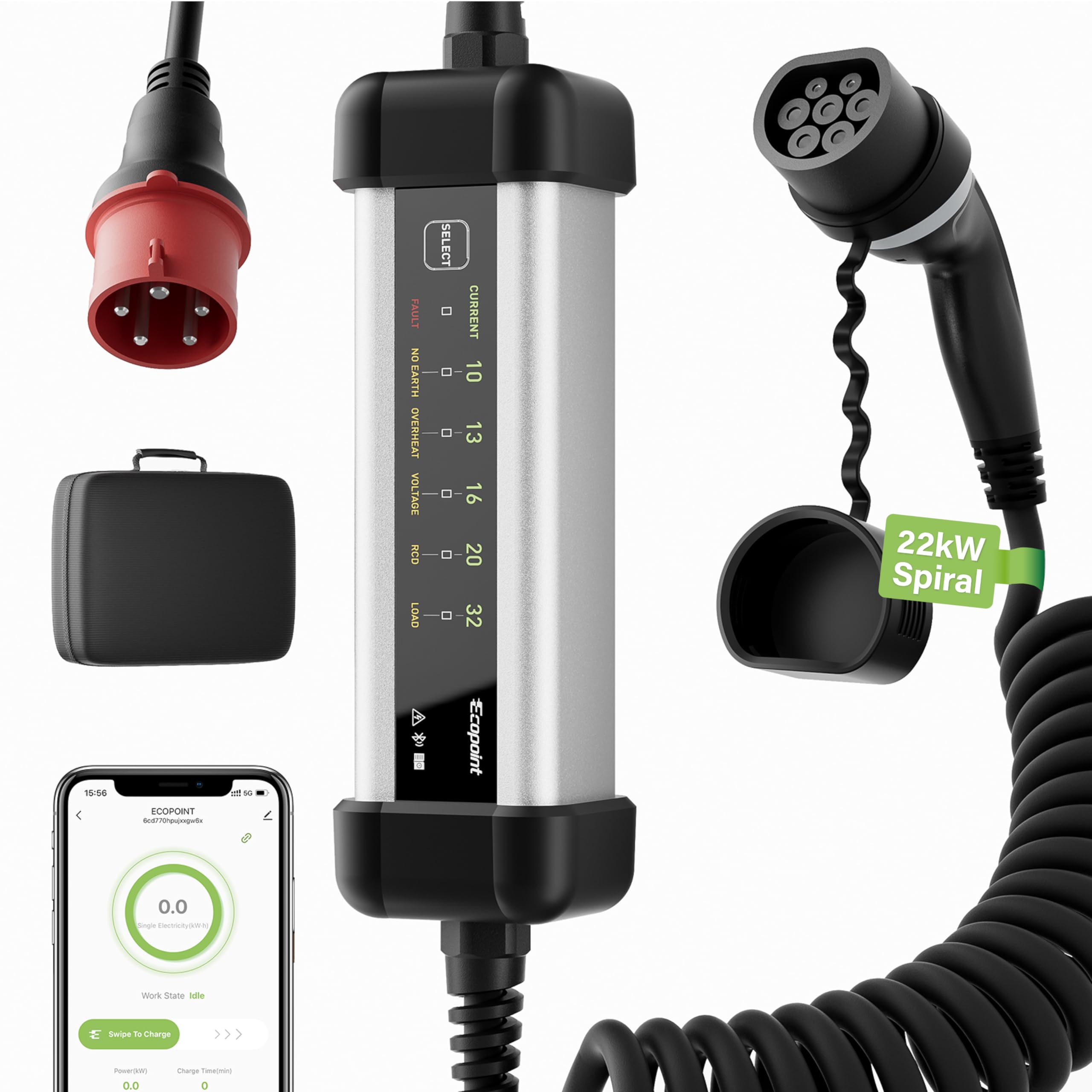 3-Phasen Mobile Wallbox 22kW mit APP, Typ 2, Aluminiumgehäuse, 5 m Ladekabel, EV Ladegerät mit CEE Stecker, IP66 Wasserdicht, Ladestation für alle EVs und PHEVs (10-32A, Spiralkabel)