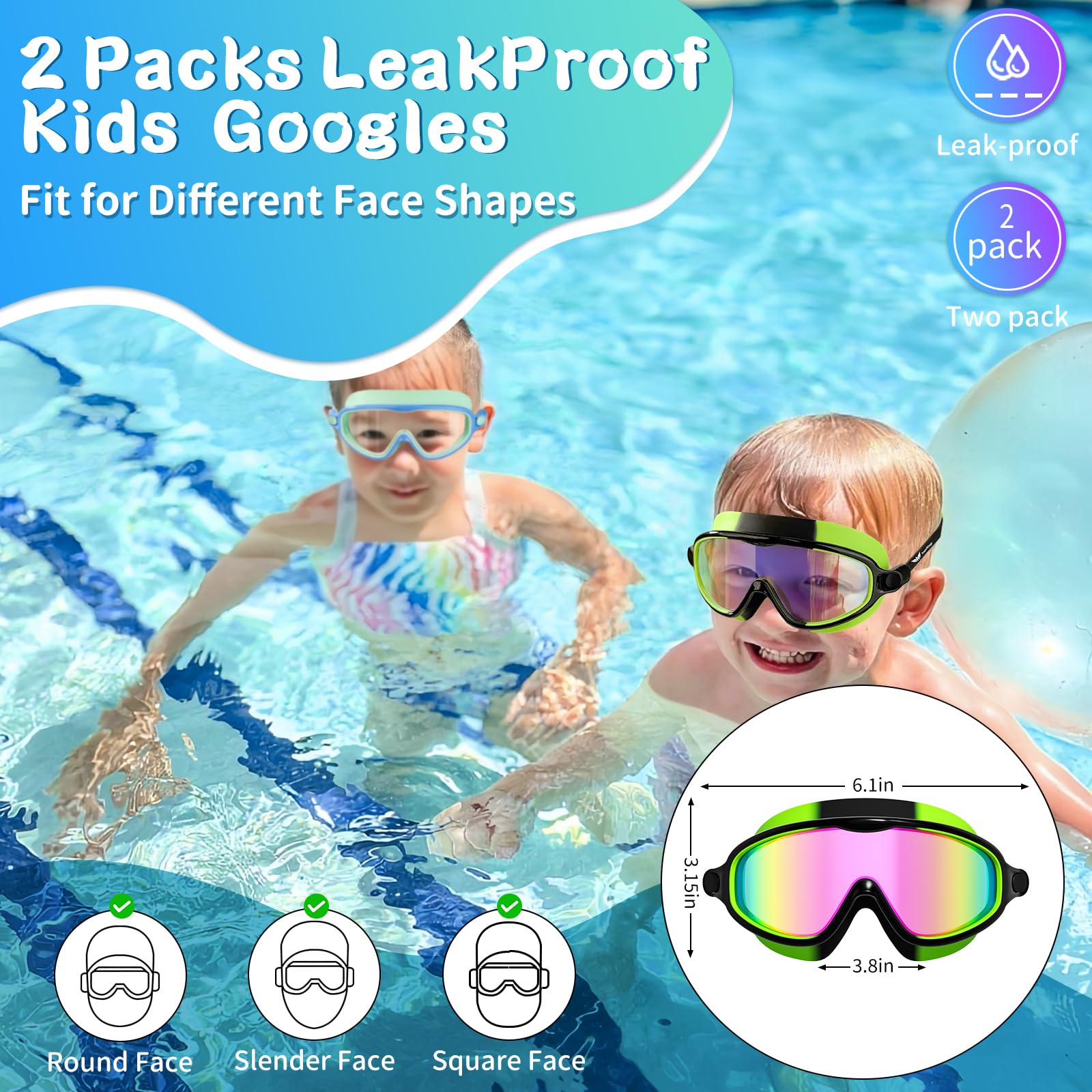 Paquete de 2 gafas de natación para niños, sin fugas, antivaho, anti-UV, para niños y niñas de 4 a 14 años