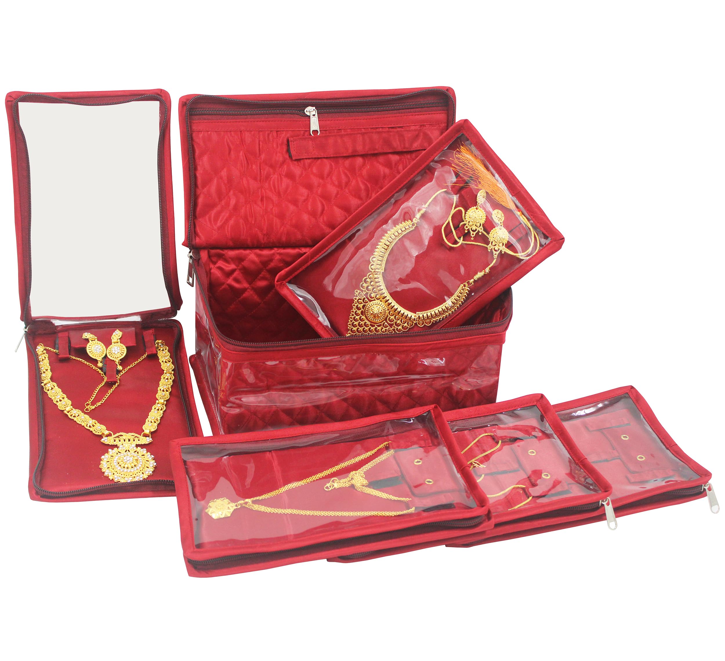 atorakushon Satin Makeup Pouches Cosmetic Necklace Earrings Vanity Jewellery Organizer For Women's (Maroon)