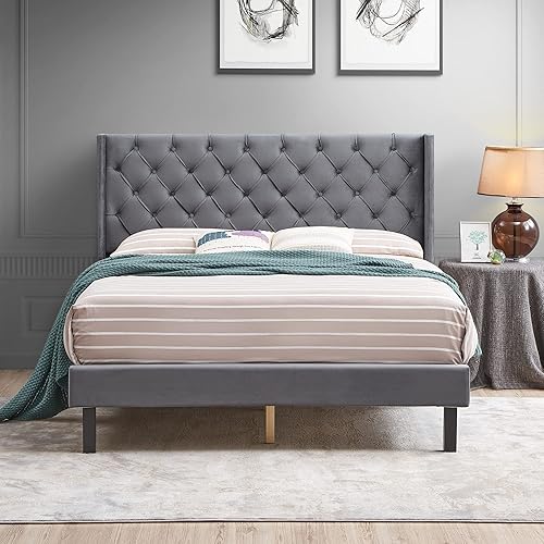Miniatura 3 de Bellemave Cama tapizada Queen con cabecero, cama tapizada con botones de terciopelo con diseño de alas, soporte de listones de madera fuerte, gris