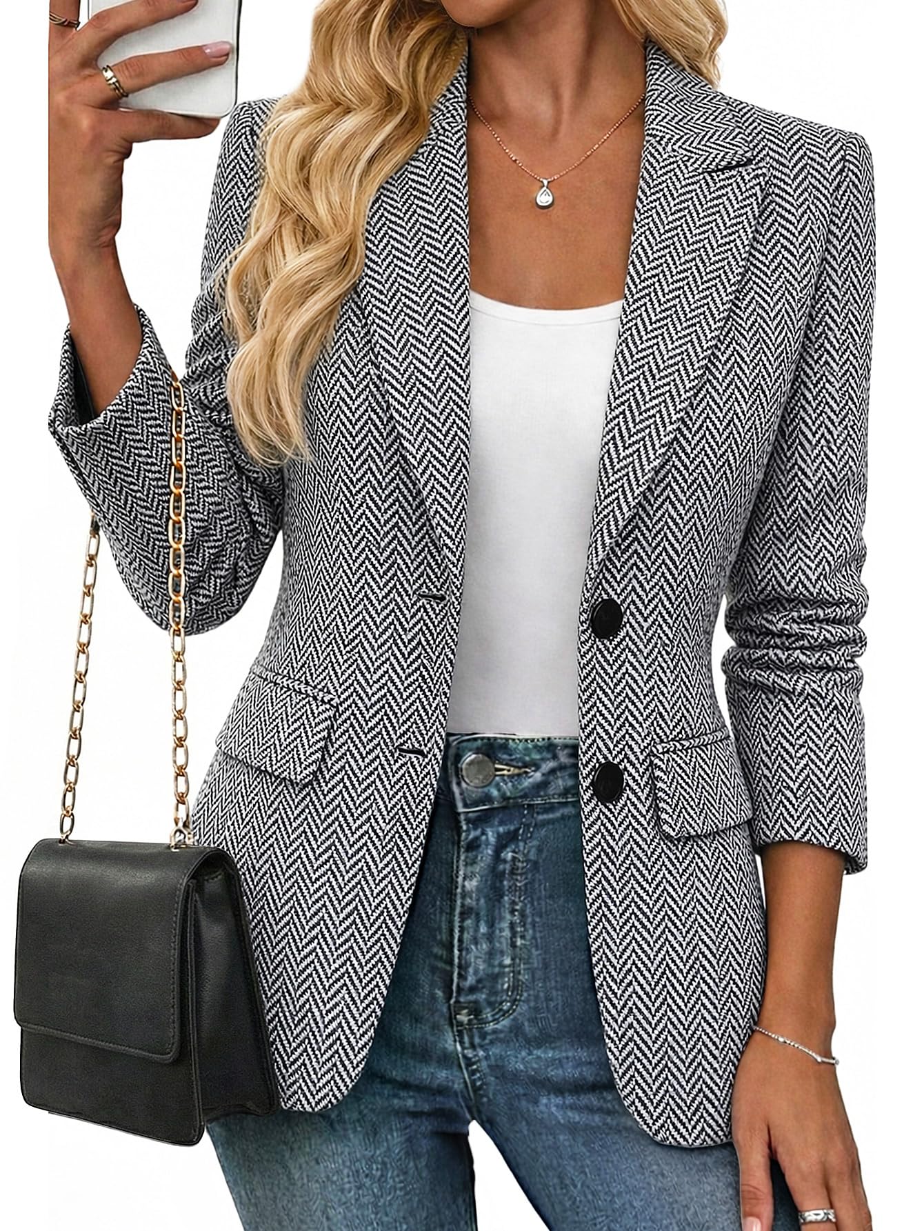 Mina Self 2026 Womens Spring Herringbone Tweed Blazer - Warm Fully Lined Notched-Lapel Plaid Work Office Jacket with