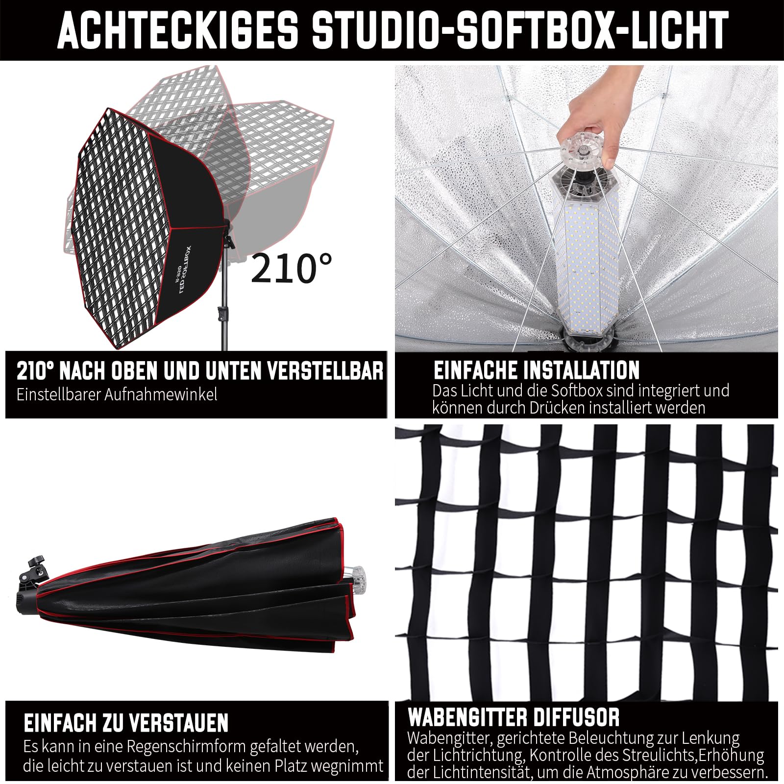 110W Softbox-Beleuchtungsset, 95 cm großes achteckiges Parabol Softbox mit Wabengitter/Fernbedienung/Lichtständer, für Fotografie, Studio-Aufnahmen, Porträtsfotografie, Live-Übertragung