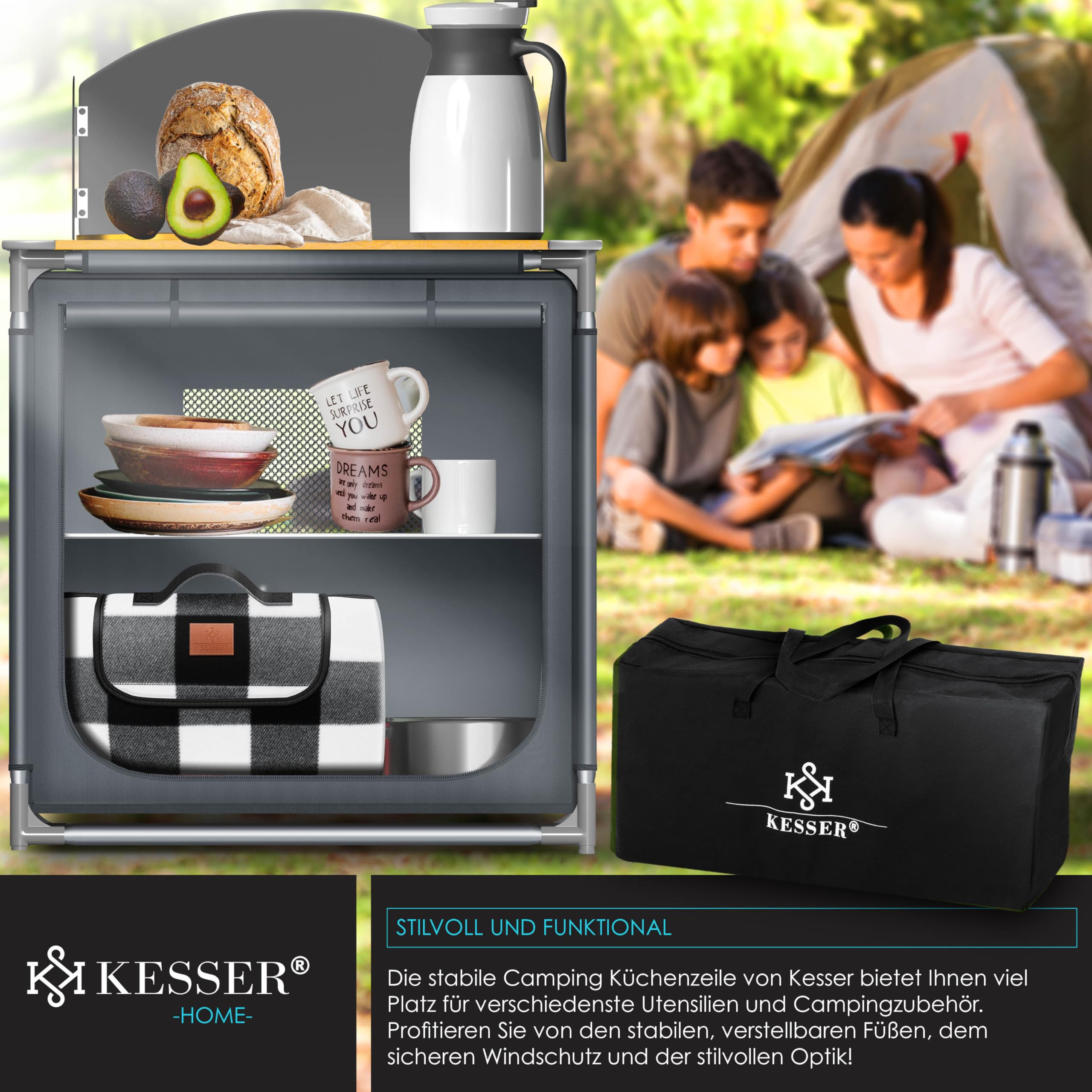 KESSER® Cucina da campeggio, con borsa per il trasporto e set di bicchieri, armadietto da campeggio pieghevole, con struttura in alluminio, cucina da viaggio, armadietto da tenda, cucina da campeggio,