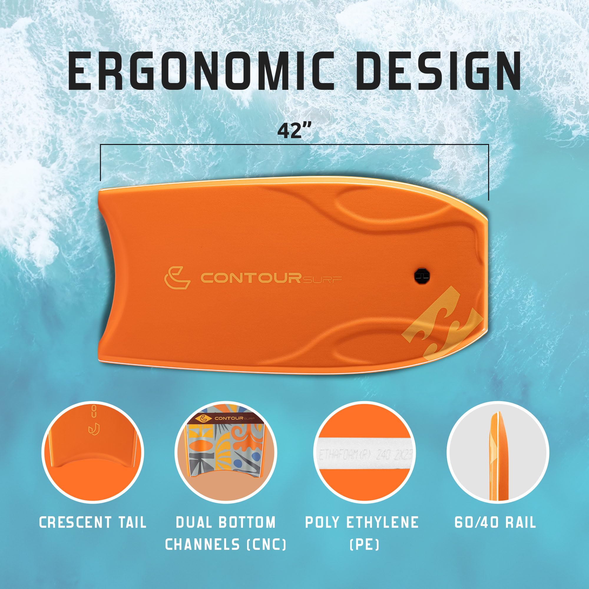 Billabong x CONTOUR SURF Bodyboards für Strandpool, 106,7 cm, leichtes PE-Kern, IXPE-Deck, HDPE-Boden, FRP Stringer, Hochleistungs-Bodyboard mit doppeltem Drehgelenk, Surfleine, Lightning Tangerine