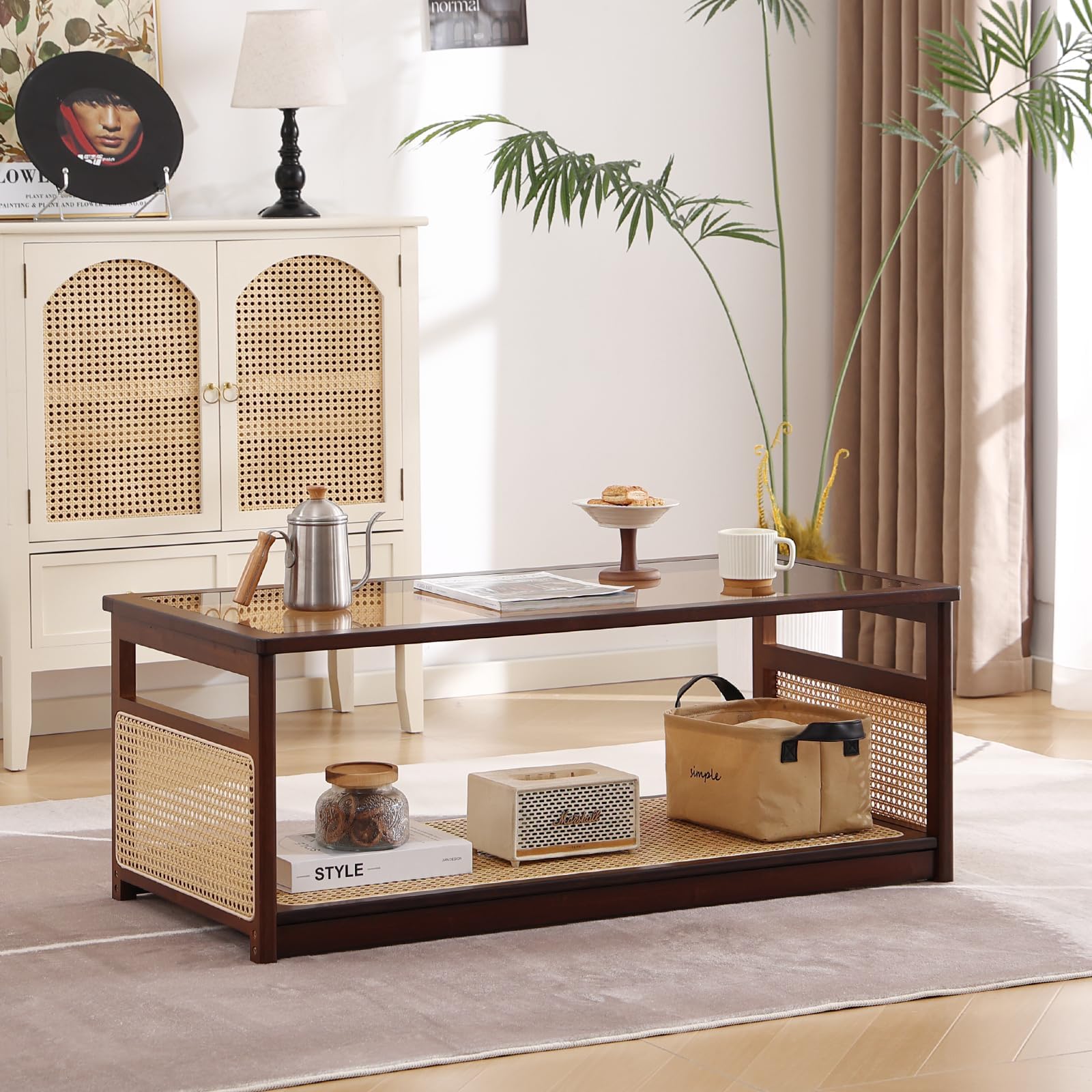 Mesas de centro de ratán para sala de estar, moderna mesa de centro de 2 niveles, mesa de centro rectangular de mediados de siglo con estante de almacenamiento y parte superior de vidrio, mesa 8