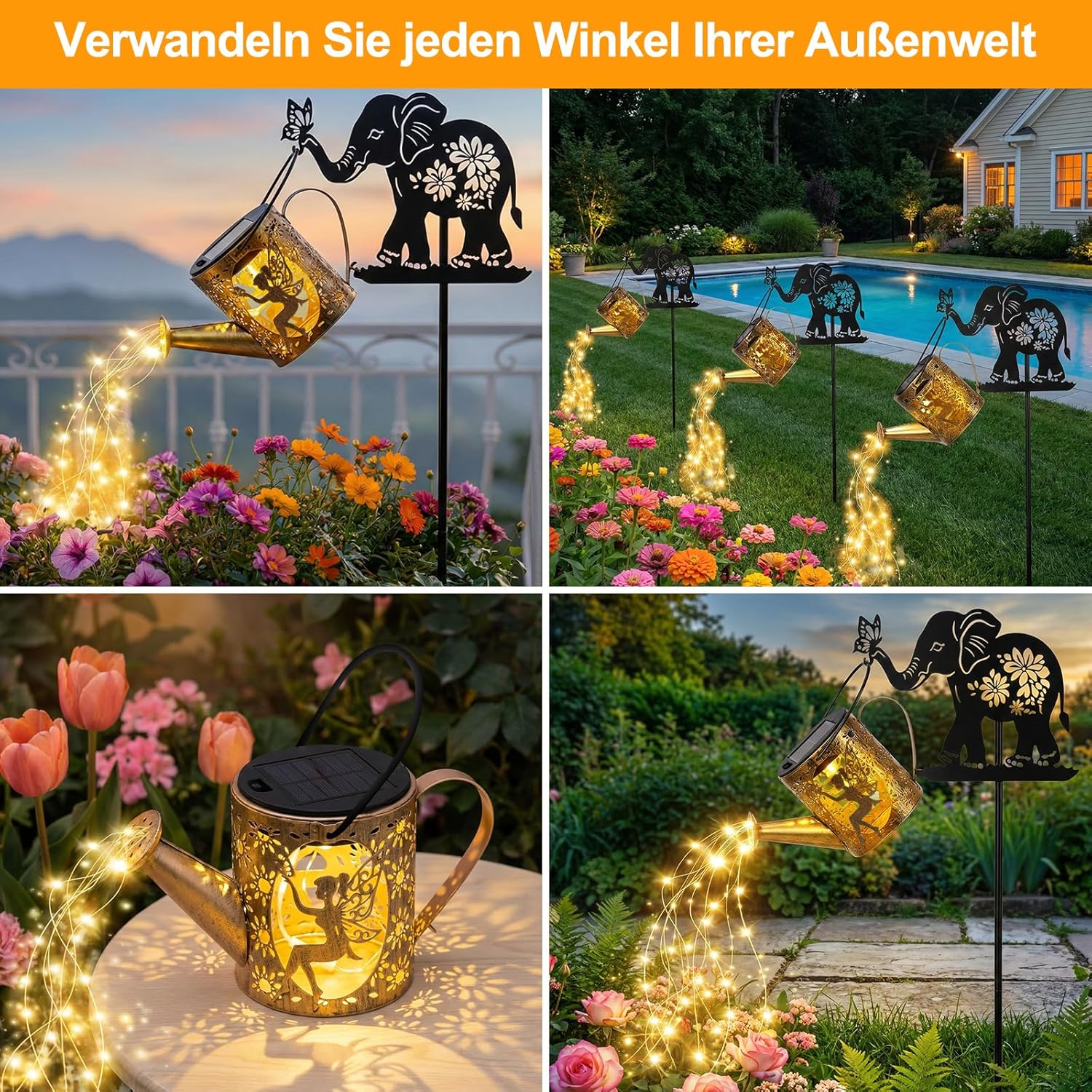 Solar Watering Can Lights Outdoor Decor with Elephant Stake & Fairy Silhouettes, Cascading String Lights for Garden, Patio, Yard - Waterproof Solar Powered Gift for Mom, Housewarming, Birthday