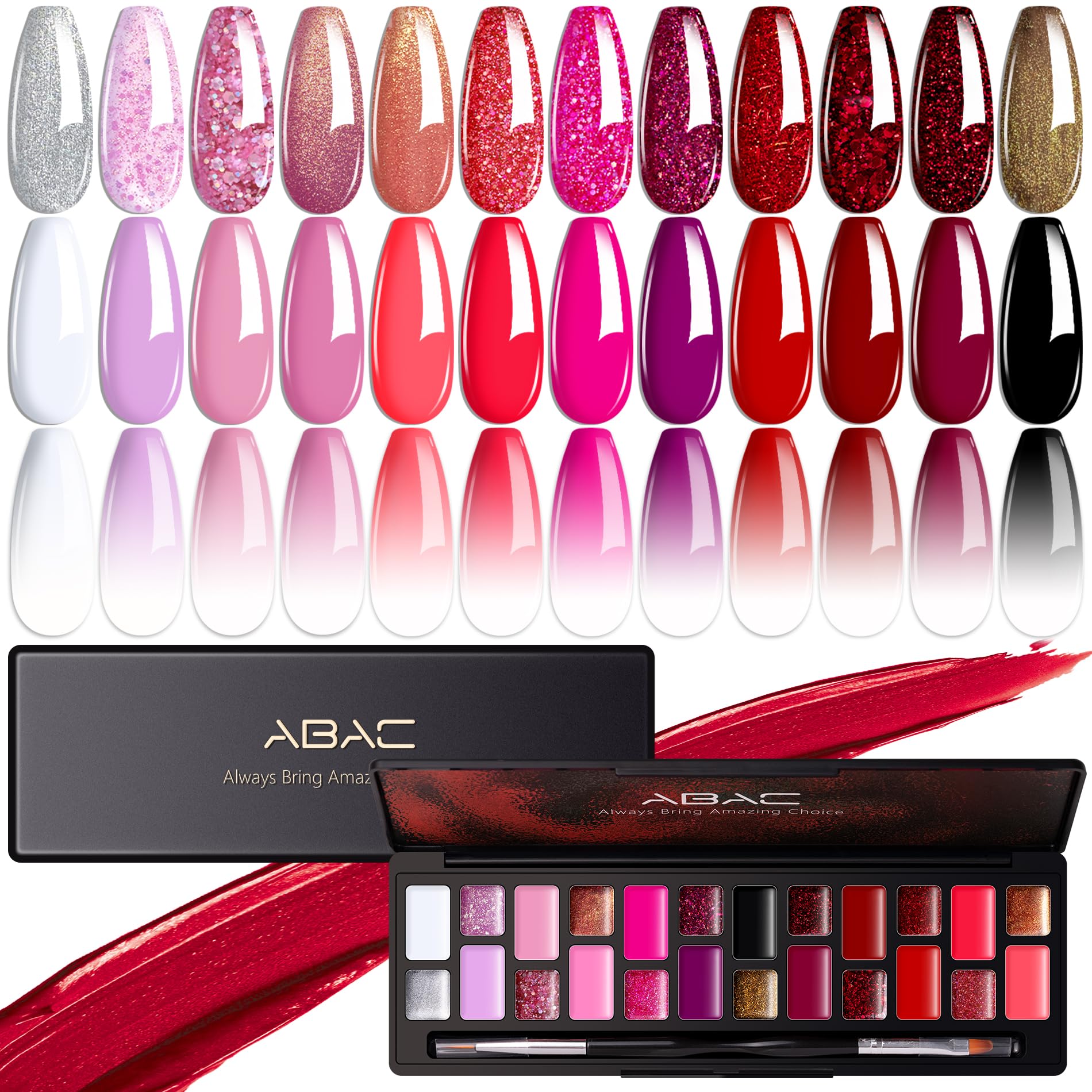 ABAC 24 Color Solid Gel Nail Polish,Ombre Gel Nail Polish,Pat Paint Nail Gel - Rose Gold Glitter & Wine Red Shades w/Pro Brush | No-Spill,Hema-Free for Date Nights,Holiday Gifts & Home Manicure