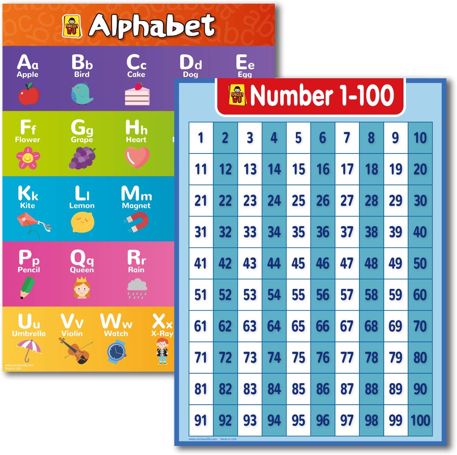 2 Pack - ABC Alphabet & Number 1-100 Laminated Post Chart Set -Educational Posters for Kindergarten Homeschool Supplies Poster, PreK Learning Chart Classroom Decor– –(18 x 24 inch)