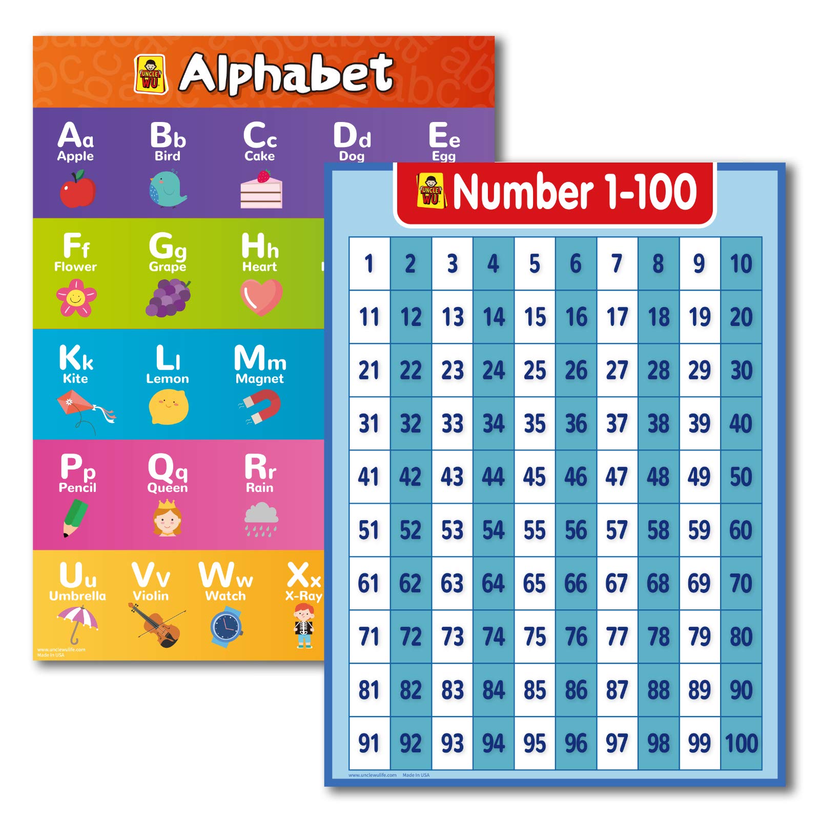 2 Pack - ABC Alphabet & Number 1-100 Laminated Post Chart Set -Educational Posters for Kindergarten Homeschool Supplies Poster, PreK Learning Chart Classroom Decor– –(18 x 24 inch)